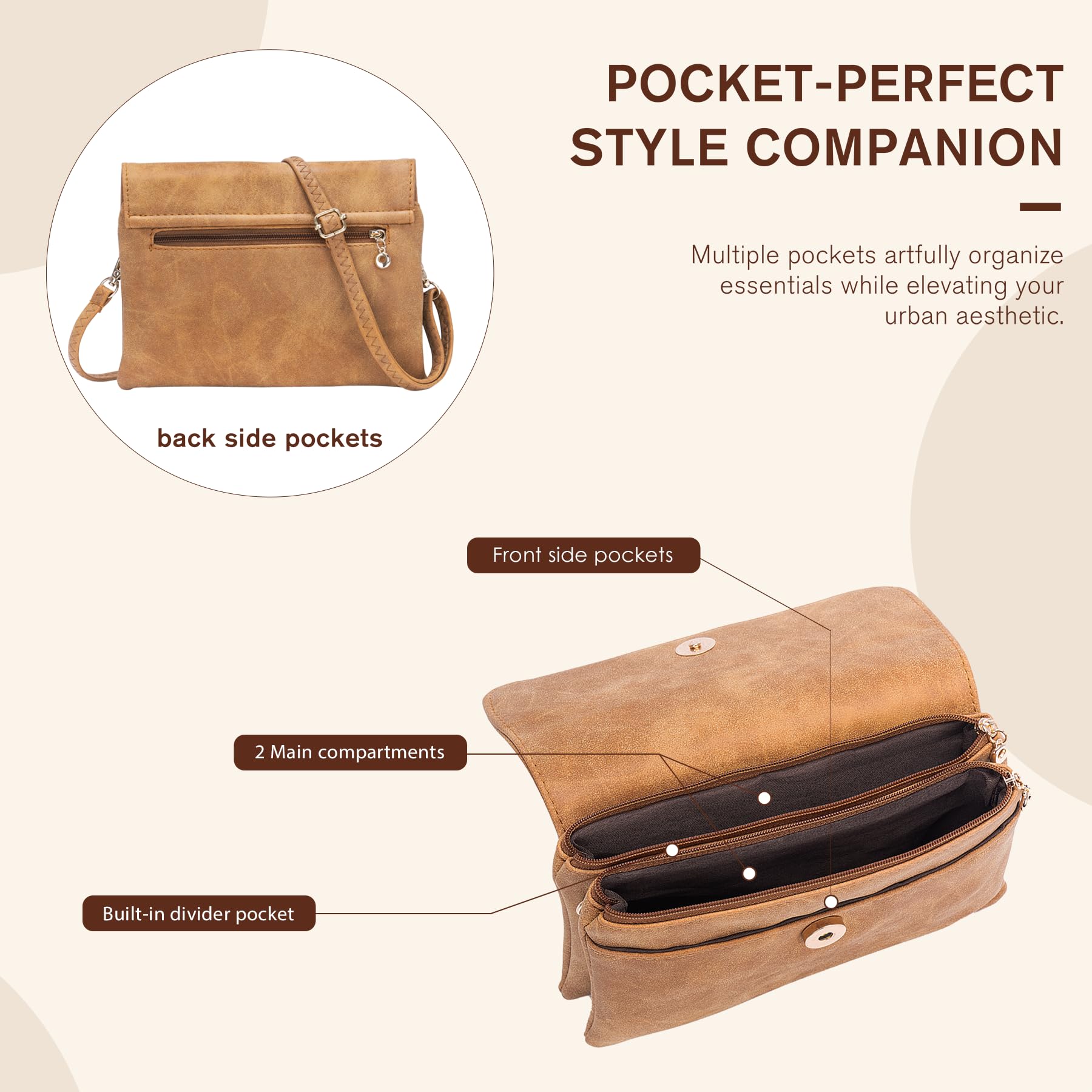 Sac Bandoulière Femme, Pochette Telephone Portable à Similicuir Effet Daim, Petit Sac à Main Femme avce Bandoulières Amovible, Mini Sac Bandoulière pour Sortir Voyager Shopping (Marron)