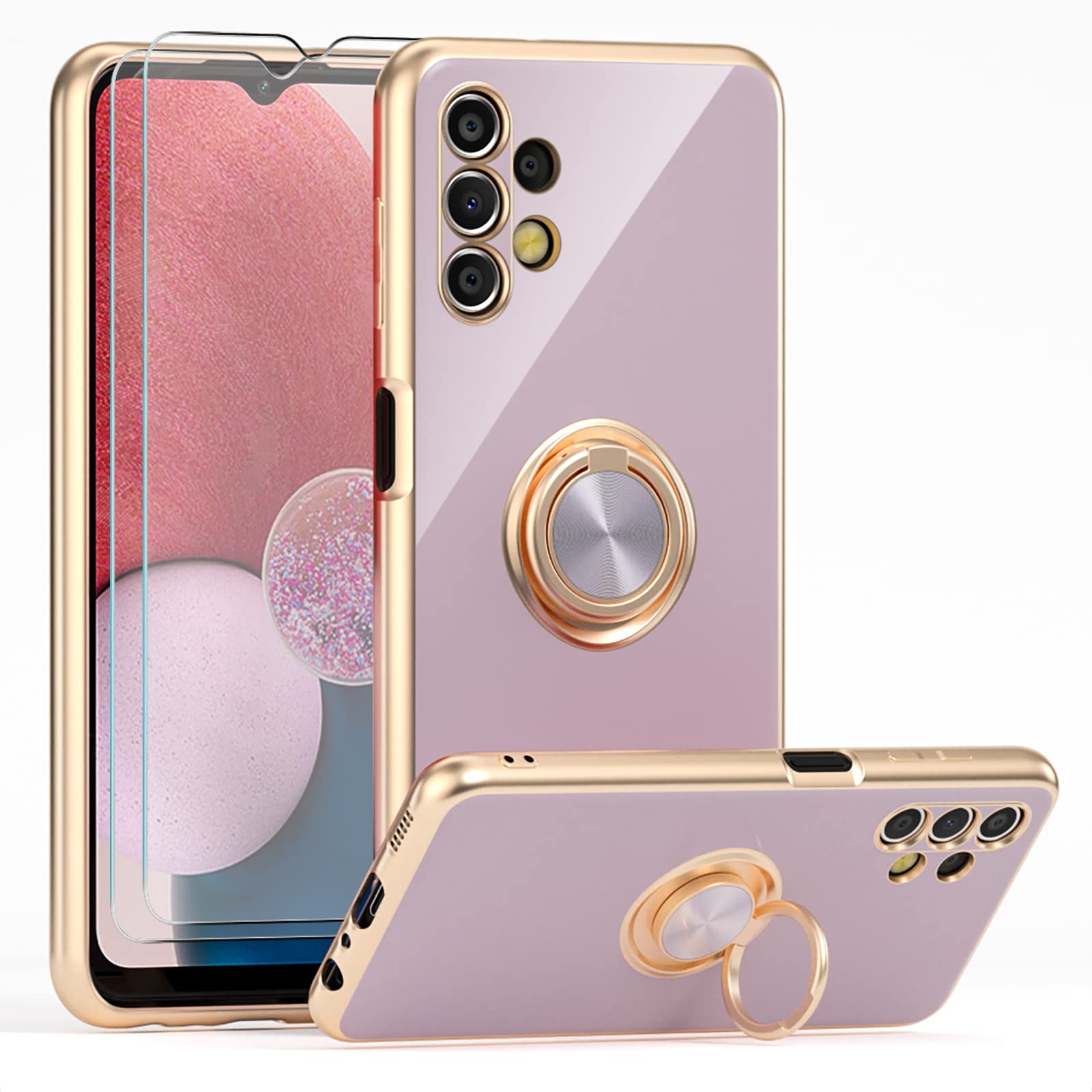 Case Compatible with Samsung Galaxy A13 4G with 2 Screen Protector, with Ring Holder Plating Rose Gold Edge 360° Kickstand Cover Slim Soft Flexible TPU Protective Phone Cases -Purple