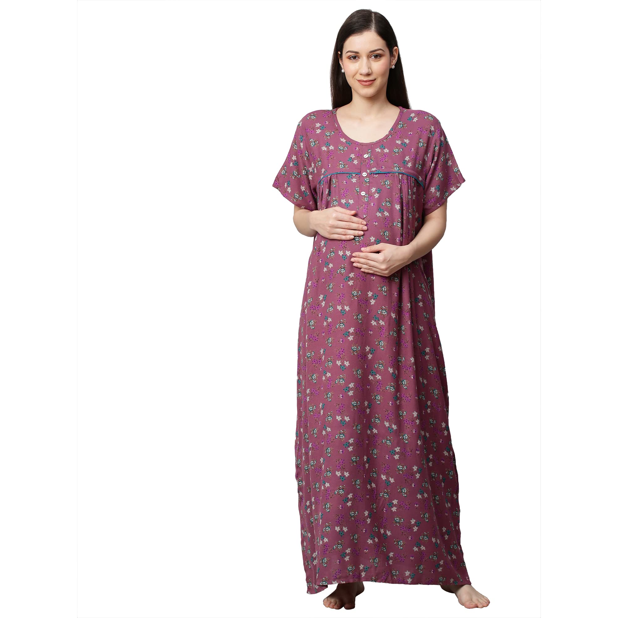 momtobe Women's Cotton Blend Maxi Maternity Nighty/Feeding Nighty/Pregnancy Night Gown/A-Line Nursing Nighty With Zippers for Nursing Pre and Post Pregnancy - (2003mtbpurpleflrfn-Free_Plum Purple_Free Size)-picture-24