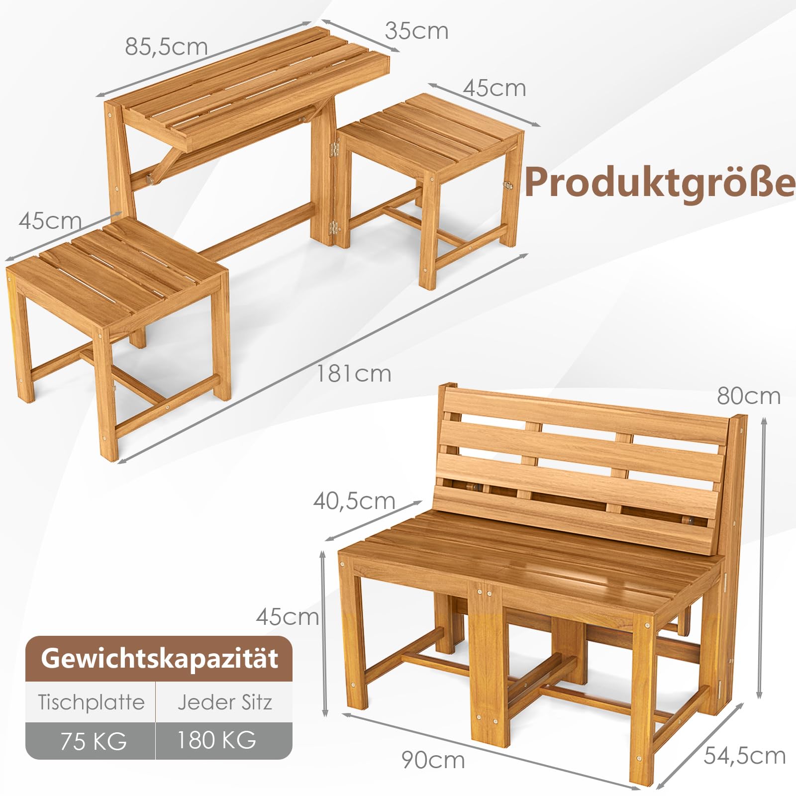 COSTWAY 2 in 1 Gartenbank, Gartentisch mit Sitzbank, 2-Sitzer Holzbank, Balkonset, Balkonmöbel Kleiner Balkon, Sitzgruppe, Sitzgarnitur für Garten, Terrasse