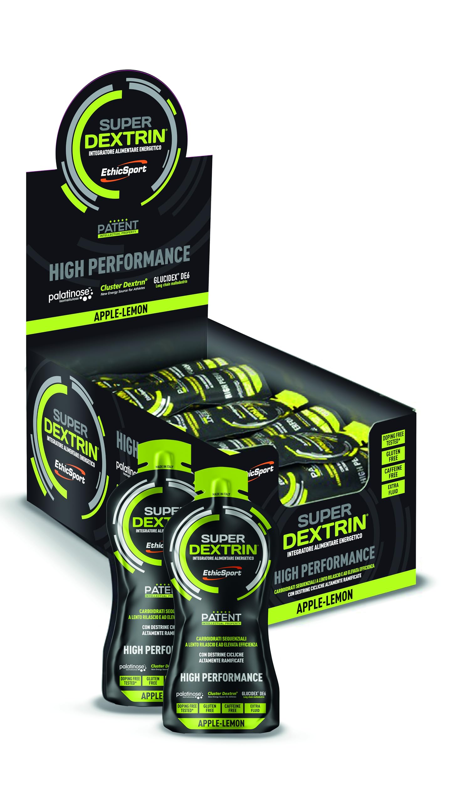 EthicSport - Super Dextrin Gel - Confezione da 45 x 55 ml - Gusto: Mela-Limone - Integratore alimentare energetico a base di carboidrati di nuova generazione a cessione energetica differenziata