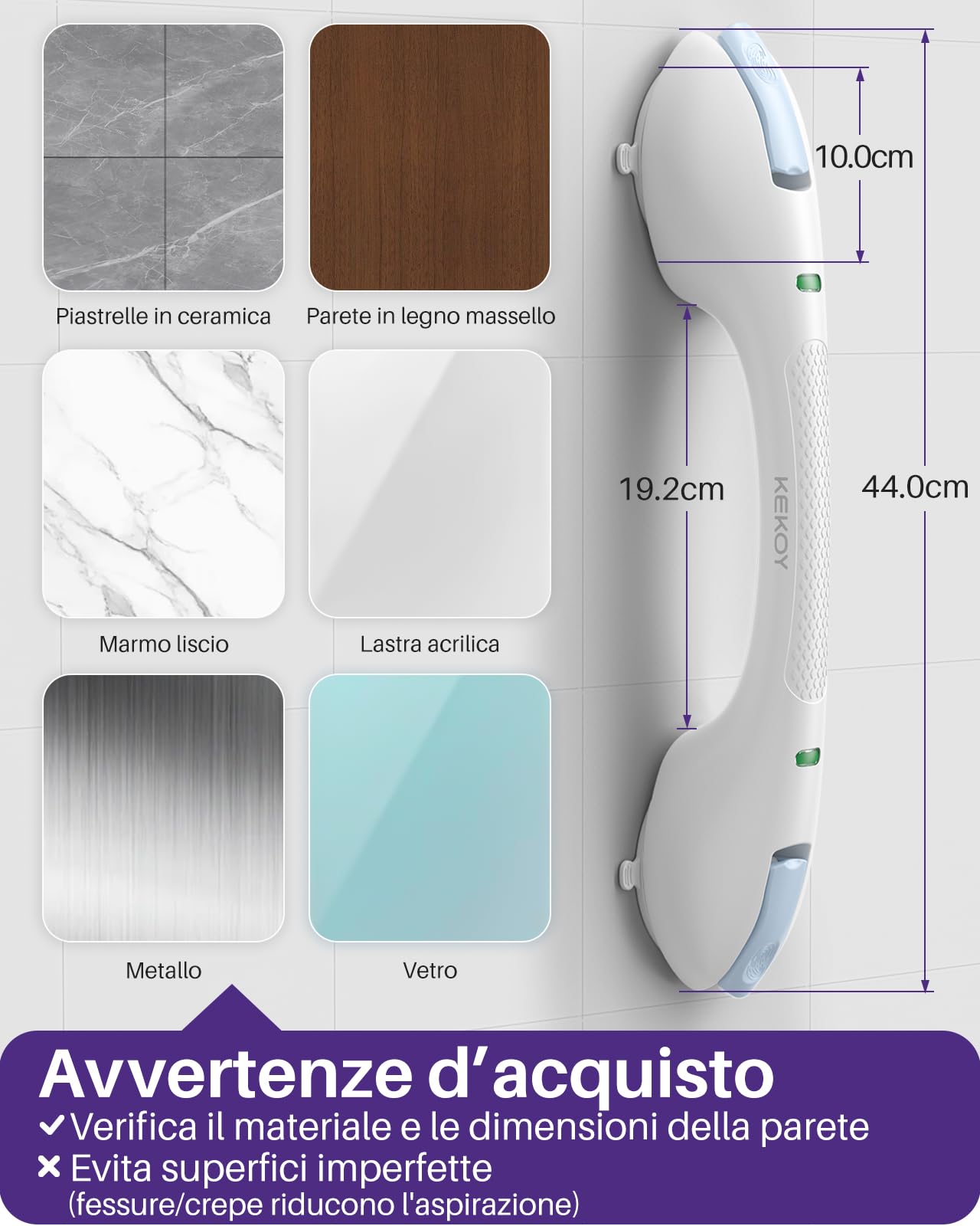 KEKOY Maniglia Doccia Anziani Ventosa Forte con Indicatore, Maniglione Bagno Disabili, Maniglione Doccia per Anziani/Adulti – Senza Trapanare, Rimovibile per Bagno/Vasca (Blu*1, 44,5 cm)