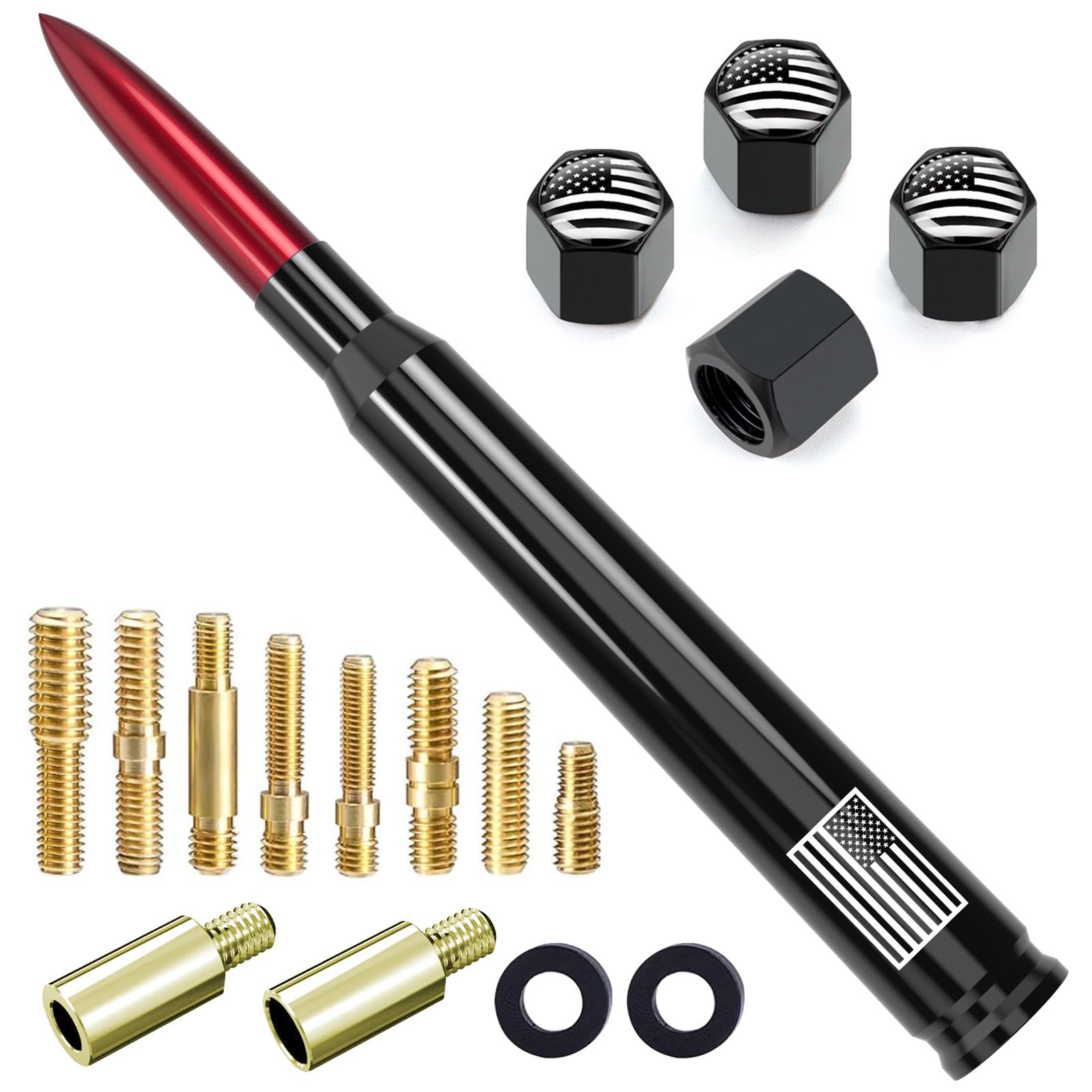 Car Truck Antenna with Tire Valve Caps American Flag Short Replacement for GMC Sierra Chevy Silverado Dodge Ram 1500 2500 3500 Ford F150 F250 F350 Super Duty Raptor Accessories, Red