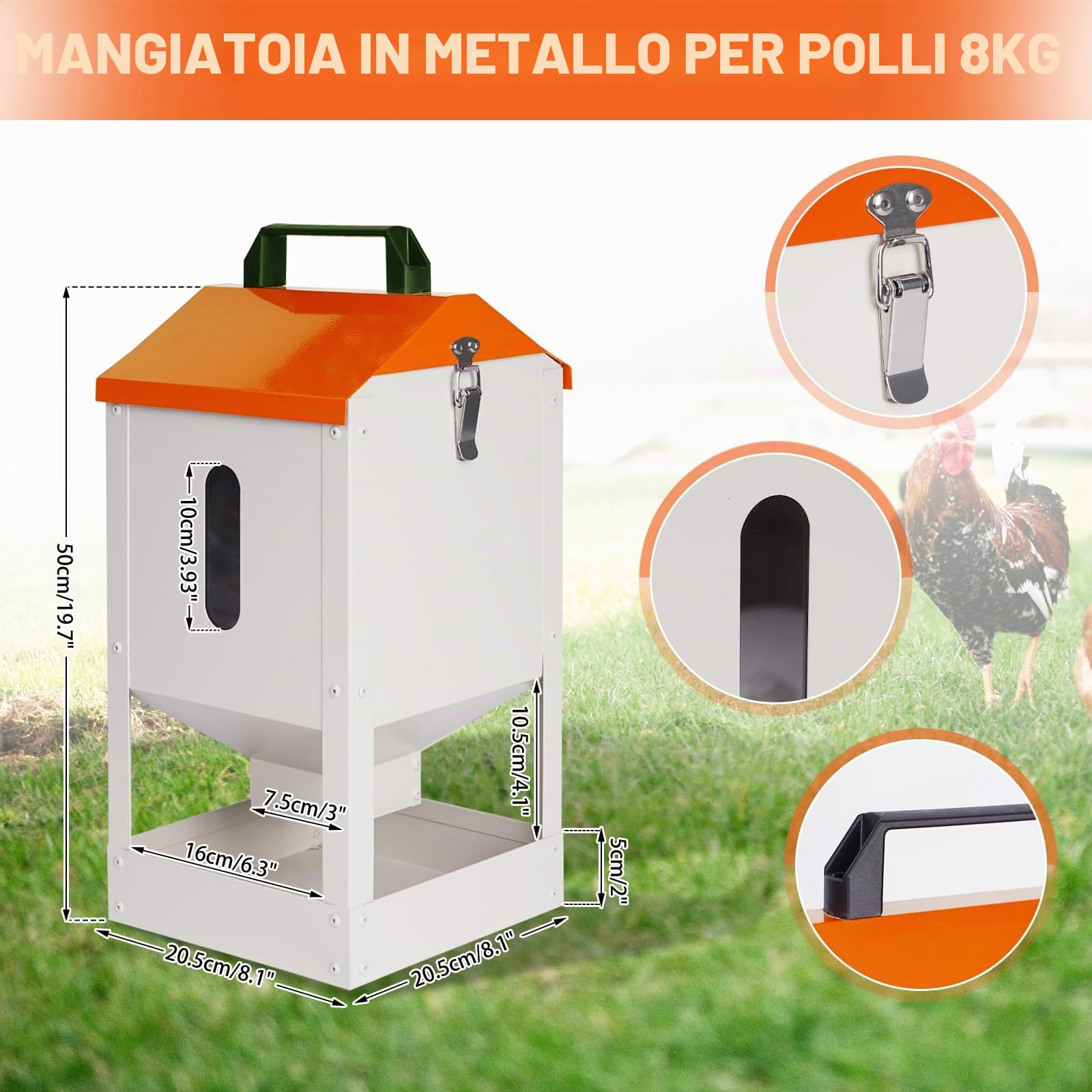 Mangiatoia Per Galline 8KG In Acciaio Galvanizzato, Distributore Automatico Con Impugnatura, Grande Mangiatoia Per Pollame Per Polli, Anatre, Uccelli