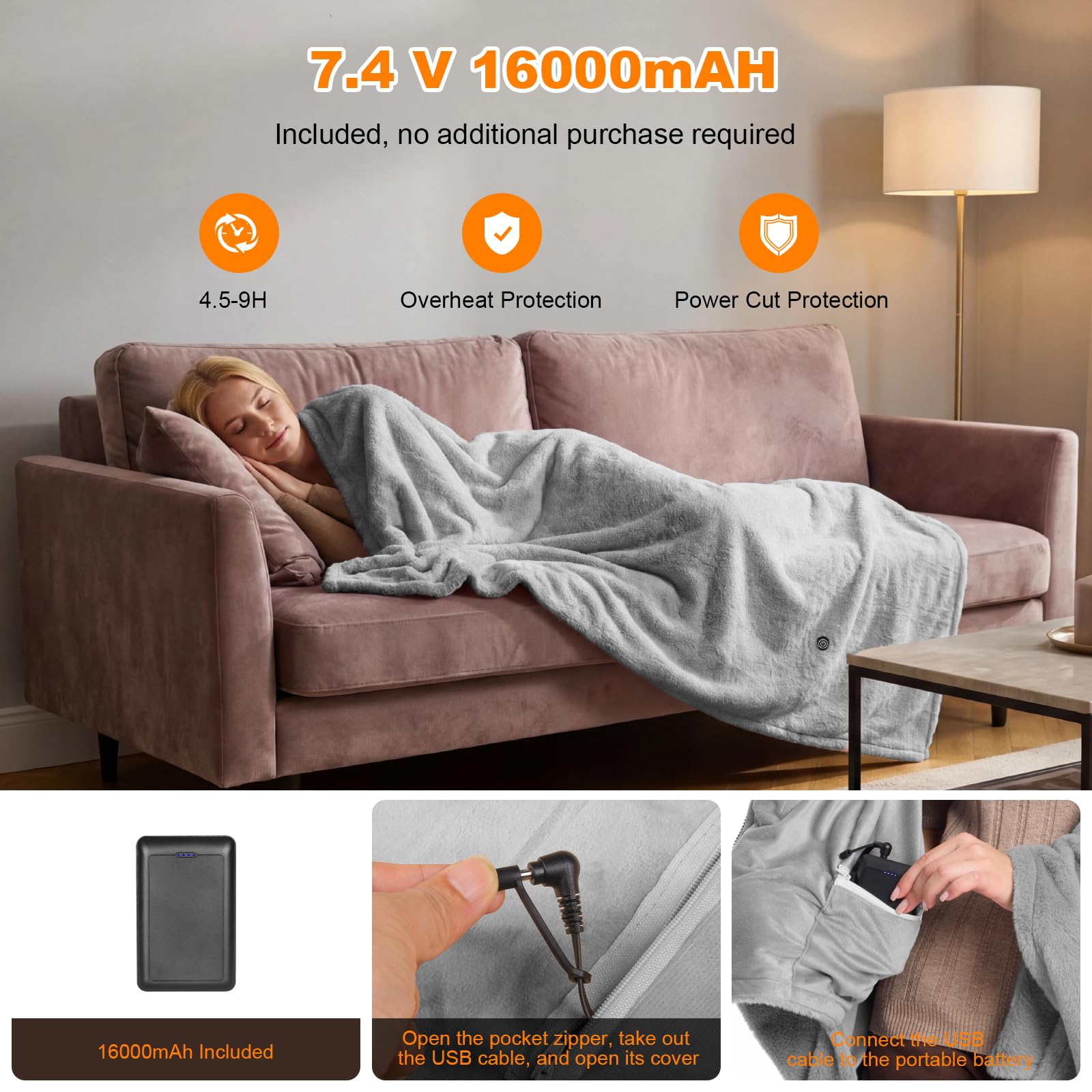 Heizdecke Kabellos 160x90cm mit Akku, Waschbar Flanell Heizdecke, USB Elektrische Wärmedecke für Sofa, Büro, Reisen, Camping (Grau)
