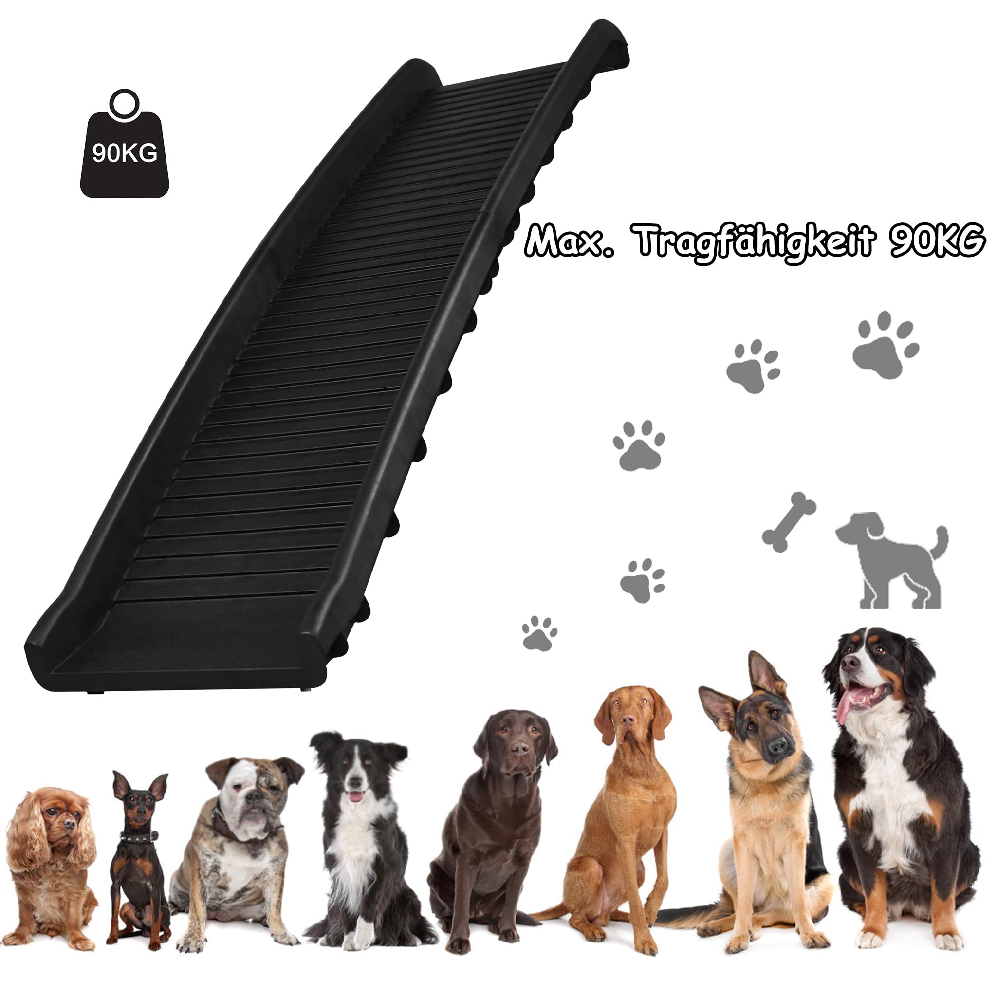 NAIZY Rampa Plegable para Perros - Longitud 156 cm - Alfombrilla Antideslizante - Negro