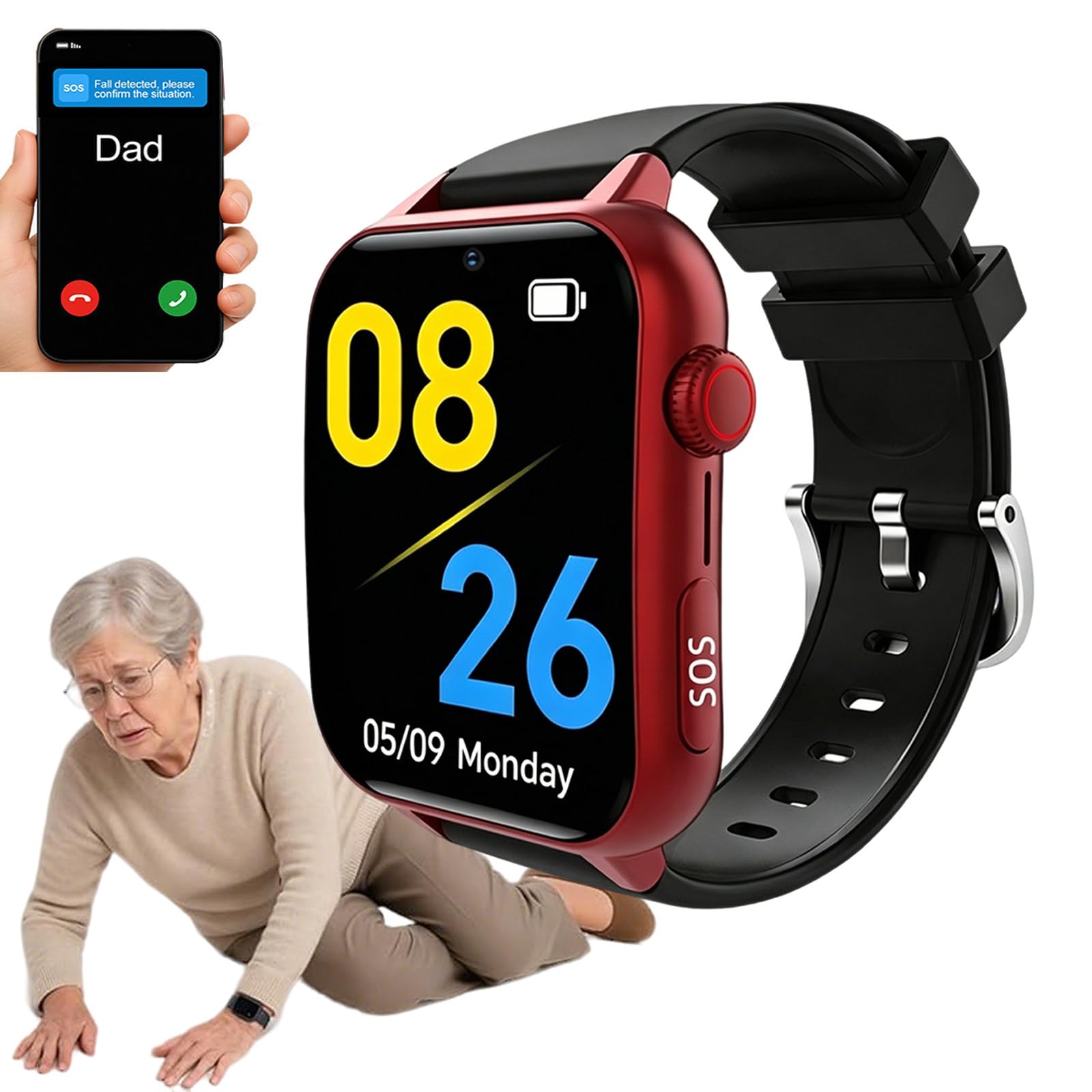 Mothdust Reloj Deteccion Caidas Ancianos IP67 Impermeable Smartwatch Localizador GPS Boton Alarma SOS Monitor Salud Ritmo Cardiaco Recordatorio Medicamentos para Alzheimers Padres Ancianos(Red)