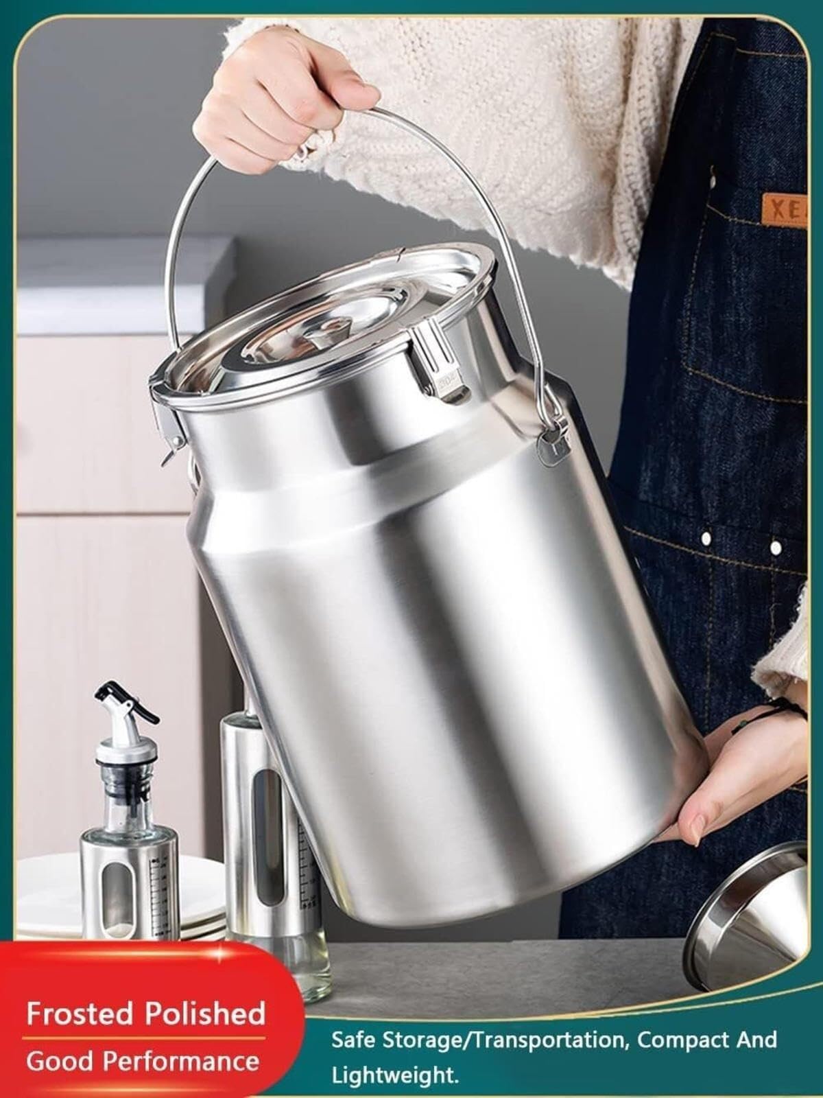 Barili sigillati in acciaio inox, serbatoi per il trasporto del latte, secchi portatili con coperchi sigillati, adatti per la conservazione di liquidi e solidi in cucina