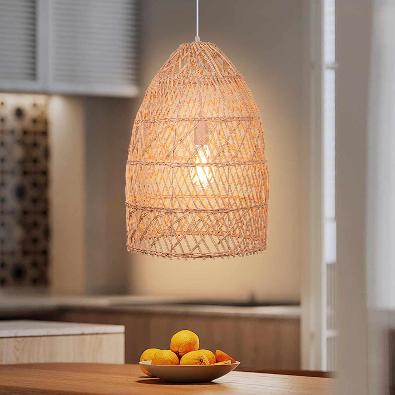 Arturesthome Natural Rattan Pendant Light, Woven Lantern Chandelier Pendant Lamp Shade, Hanging Ceiling Light, Handmade Lampshade for Kitchen Island Hallway Foyer