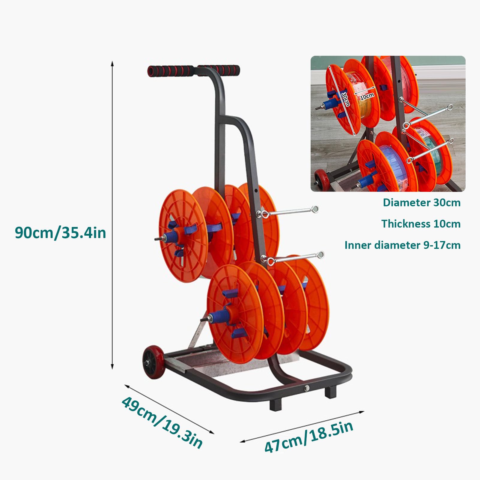 Carrello portacavi portatile, Distributore per avvolgicavo multi-bobina per impieghi gravosi con vassoio portaoggetti, Supporto per avvolgicavo multi-asse, Carrello porta-bobina per cavi elettrici