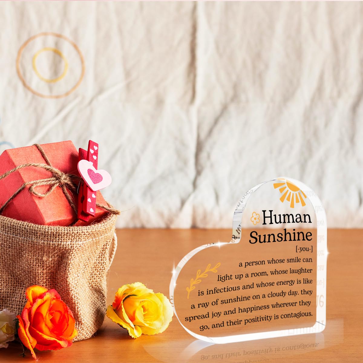 Thankful for You Gifts Inspirational Gifts for Women Human Sunshine Sign Heart Shape Acrylic Plaque Inspirational Quotes Christmas Birthday Gift for Social Worker Coach Nurse Home Office Desktop Decor