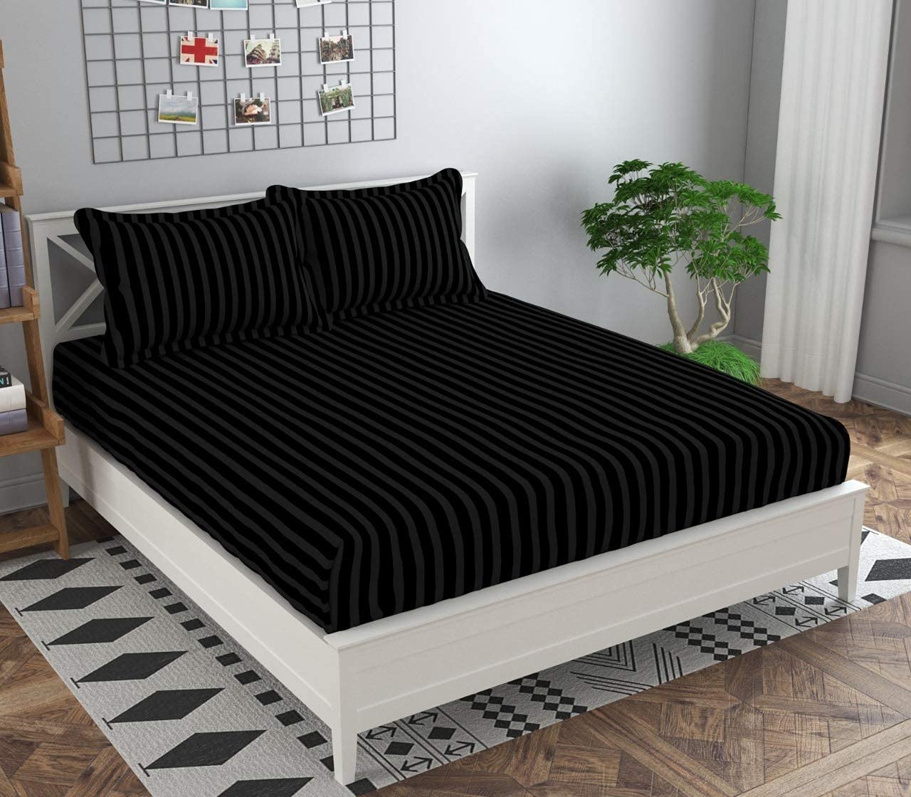 Dahlia Elastic Fitted Glace Cotton Queen Size (78x72x Upto 6 Inches) Bedsheet with 2 Pillow Covers-200TC (Striped, Black Color) (B095MWKNG9) Amazon Price History, Amazon Price Tracker