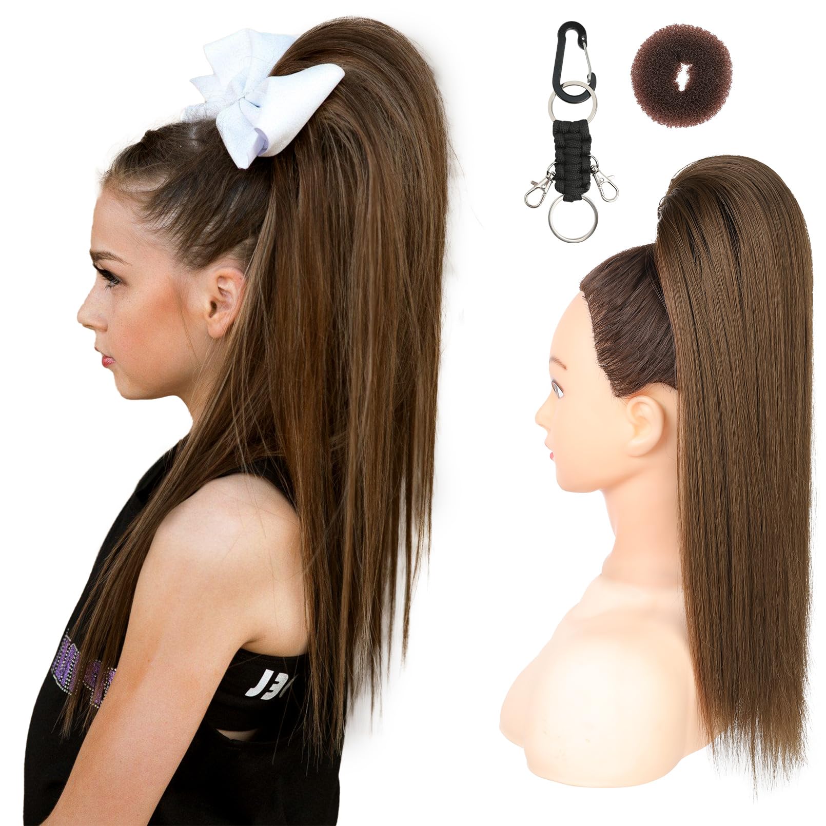 SEIKEA Ponytail Extension Cheer Ponytail Hair Piece, 18" Cheerleader Straight Ponytail Hairpiece Mocha Melt for Cheerleader Competition, Dance