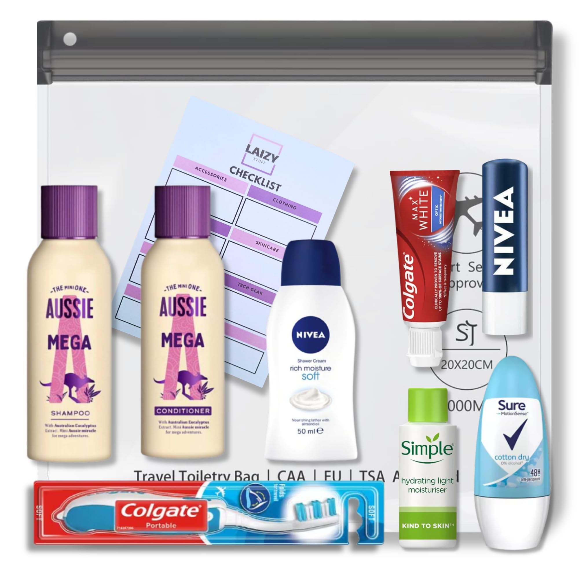 Travel Toiletries Set for Women - Complete Mini Travel Toiletries, Holiday Minis Toiletries, Airport Security Liquids Bags, and Hospital Miniature Toiletries with Laizy Stuff Checklist