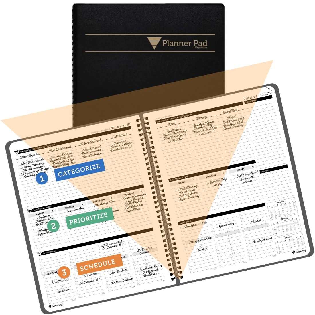 Planner Pad Spiralbindung, Januar-Dezember 2027/Kalenderjahr, 21,6 x 27,9 cm, großer 3-stöckiger Trichter, 12 Monate, schwarzer Einband, schwarze Tinte