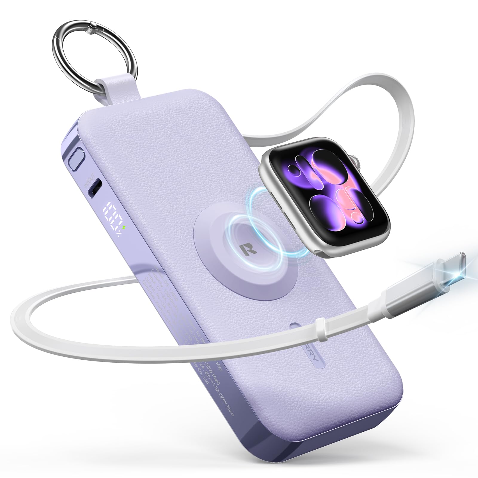 RORRY CharmGo Apple Watch 充電対応 モバイルバッテリー (12000mAh 30W) 巻き取り式 USB-C ケーブル内蔵 apple watch 充電器 レザー調 おしゃれ LED ディスプレイ コンパクト カラナビ付 3 台同時充電 パススルー & 低電流機能 大容量 ポータブル充電器 iPhone17/16/15/Android/iPad 対応 PSE技術基準適合 - 1