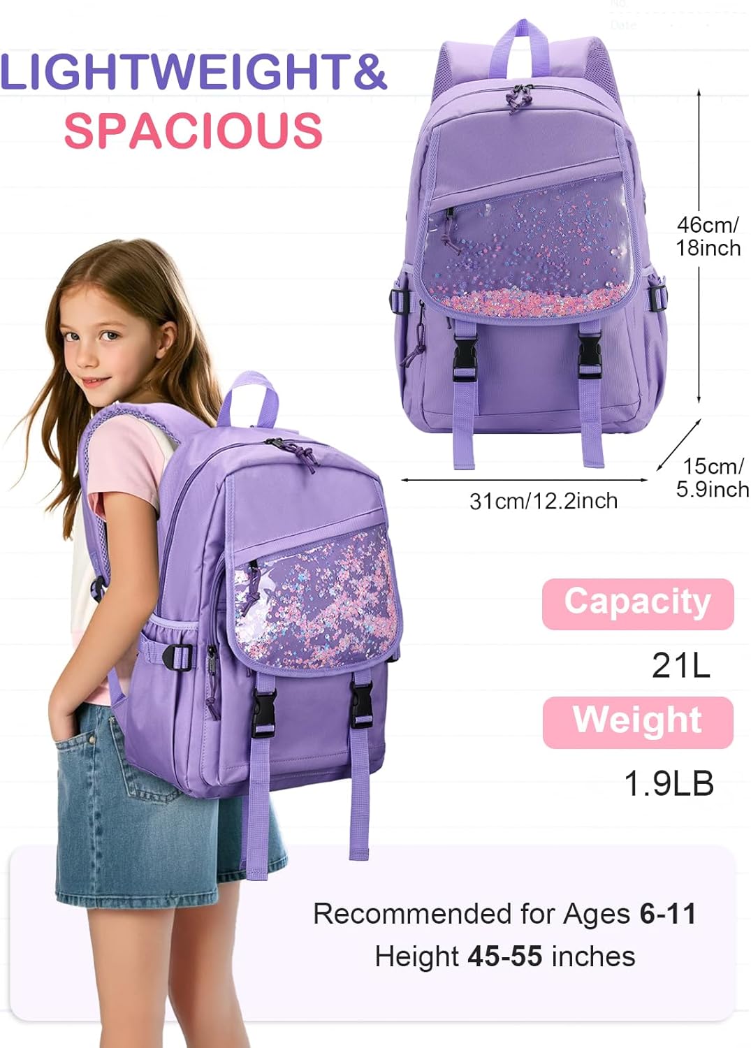 VASCHY Backpack for Girls, Cute Elementary School Bag Bookbag for Primary Schooler Kids with Sparkling Sequin Clear Pocket Purple