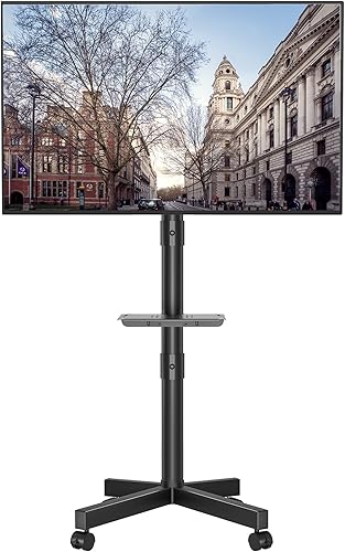 BONTEC Soporte de TV móvil, carrito de TV móvil con estante multimedia y ruedas de bloqueo, se adapta a televisores LED de 23-60 pulgadas, LCD, OLED