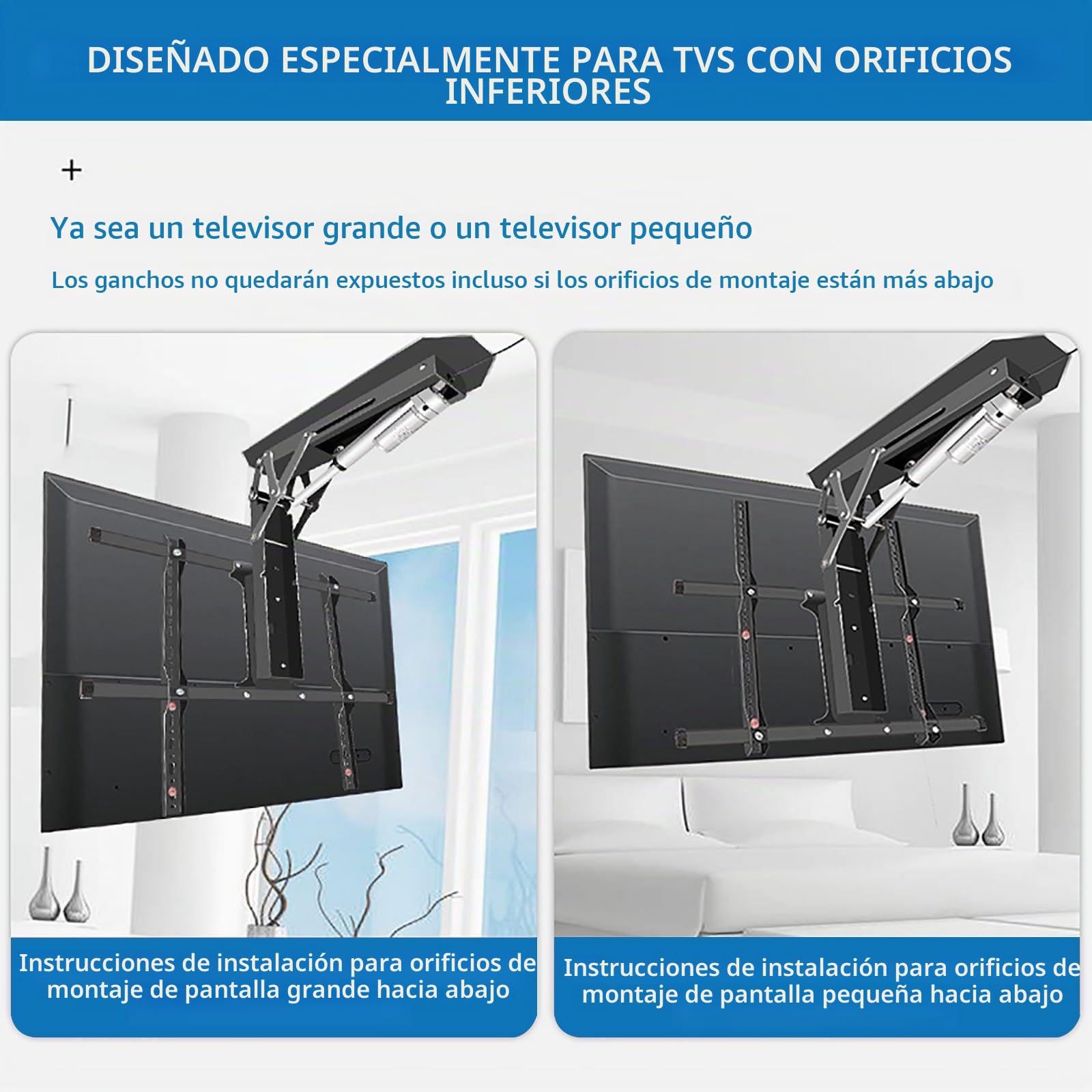 Soporte Elevador Motorizado, Telescópico SSoporte para TV De Techo con Elevación Automática, 0-85 ° Abatible, Se Adapta A Televisores De 32 A 70 Pulgadas, Montaje En Techos