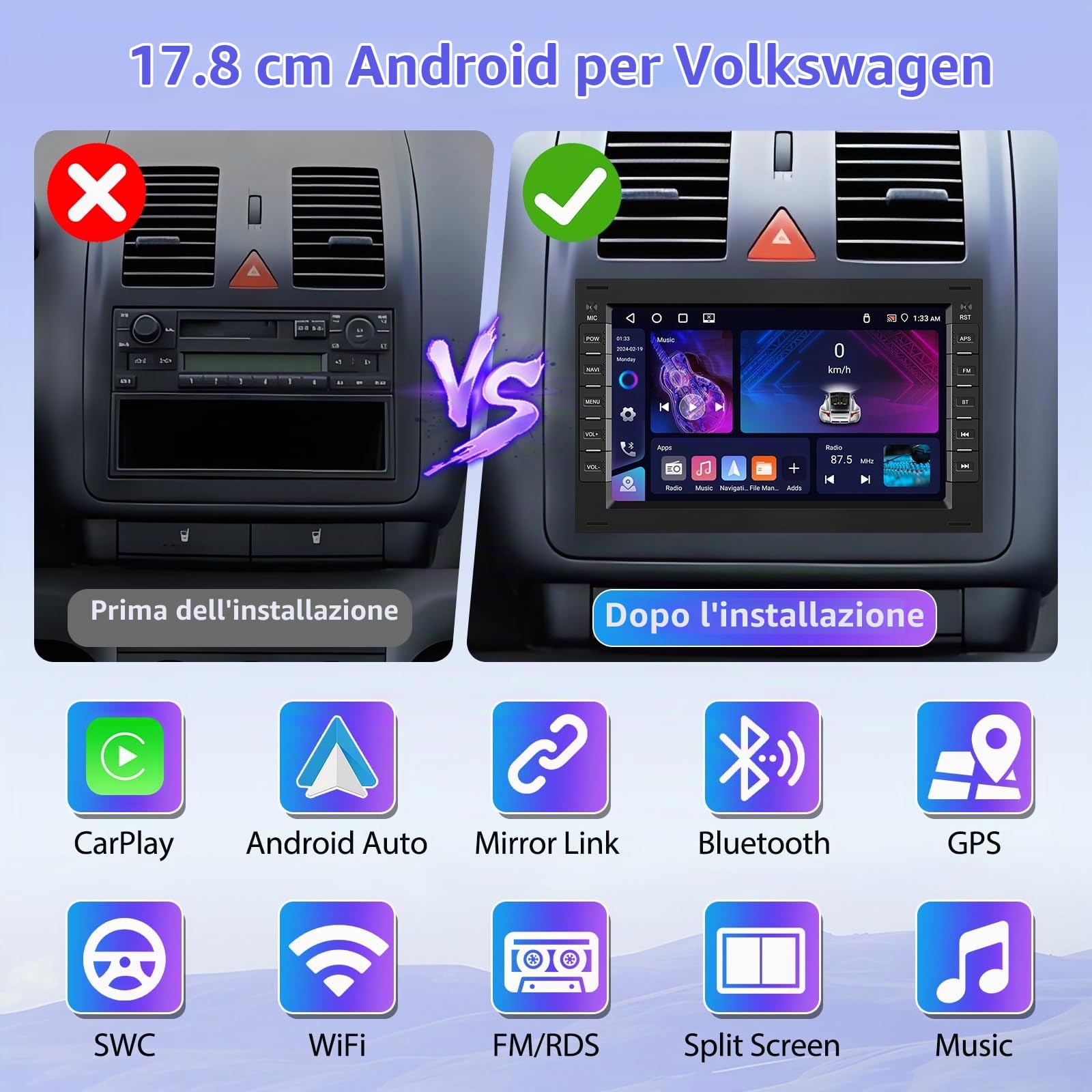 [4G+64G] Autoradio Motorsi Android 15 per Volkswagen/Polo/Passat/VW Golf 5 6, schermo touch HD da 7'', autoradio wireless Carplay con GPS, Android Auto, USB, FM/RDS, EQ, telecamera per la retromarcia.