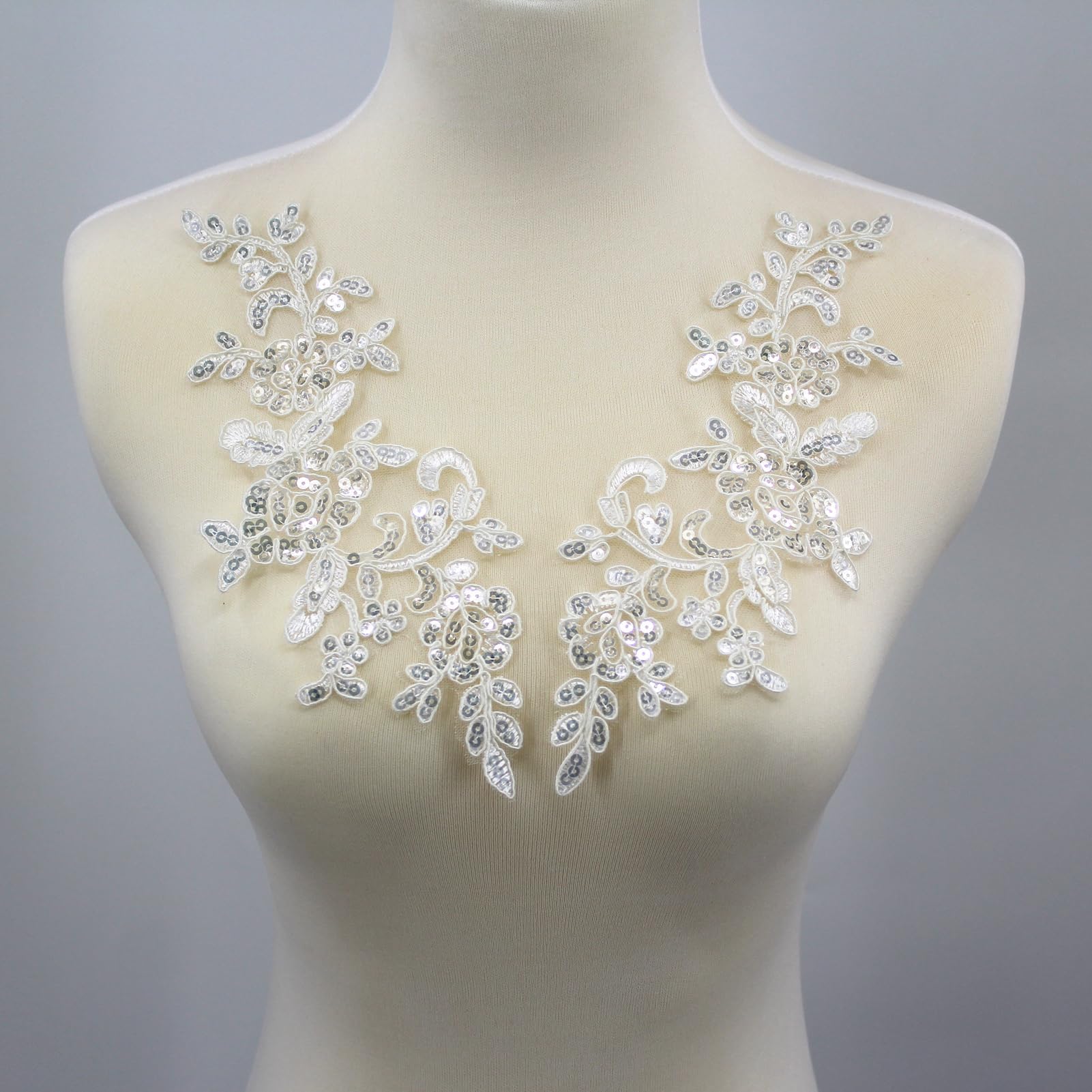 Pair of Embroidery Sequin Lace Applique Sewing Flower Fabric Collar Patch Motif Wedding Gown Dress Bridal DIY Crafts （White）