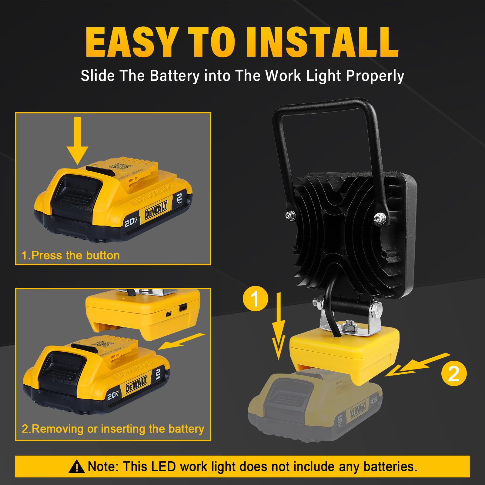 RIGIDON Lampa robocza LED bezprzewodowa 48W 4800lm, kompatybilna z Dewalt 18V/20V, 16 żarówek, 120° kąt wiązki światła, IPX4, -20°C do 60°C