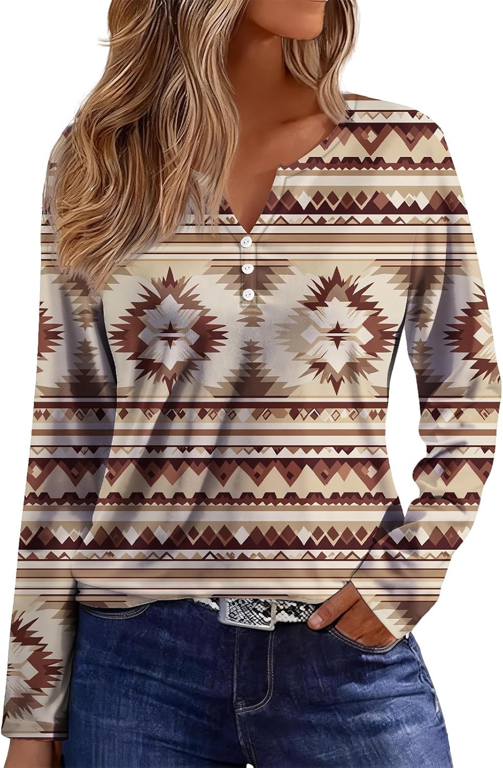 ZOCANIA Womens Long Sleeve T Shirts Western Aztec Tribal Print Casual Henley Tops Vintage Graphic Tees V Neck Blouse