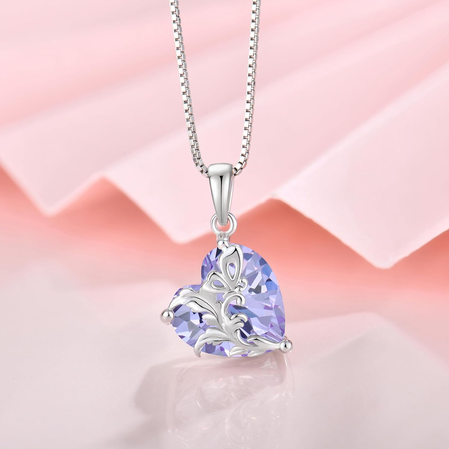 Butterfly Flower Birthstone Necklace for Women, 925 Sterling Silver 5A Cubic Zirconia Heart Pendant Jewelry, Anniversary Birthday Gifts for Wife Mom Her - Image 3