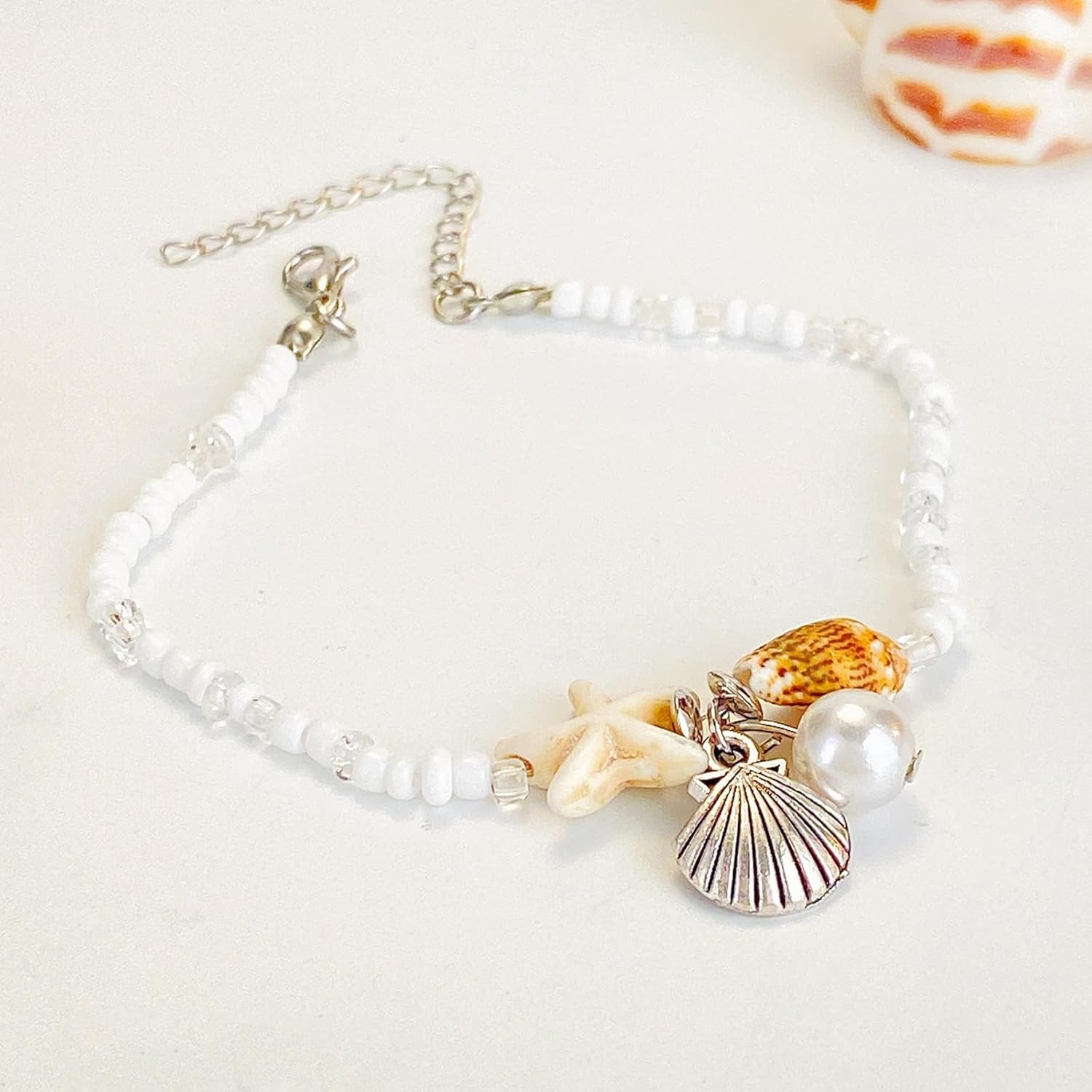 Beach Puka Shell Anklet for Women Waterproof Beaded Ankle Bracelets Adjustable Starfish Seashell Pearl Foot Chain Boho Jewerly Present for Summer Beach Party - Image 4