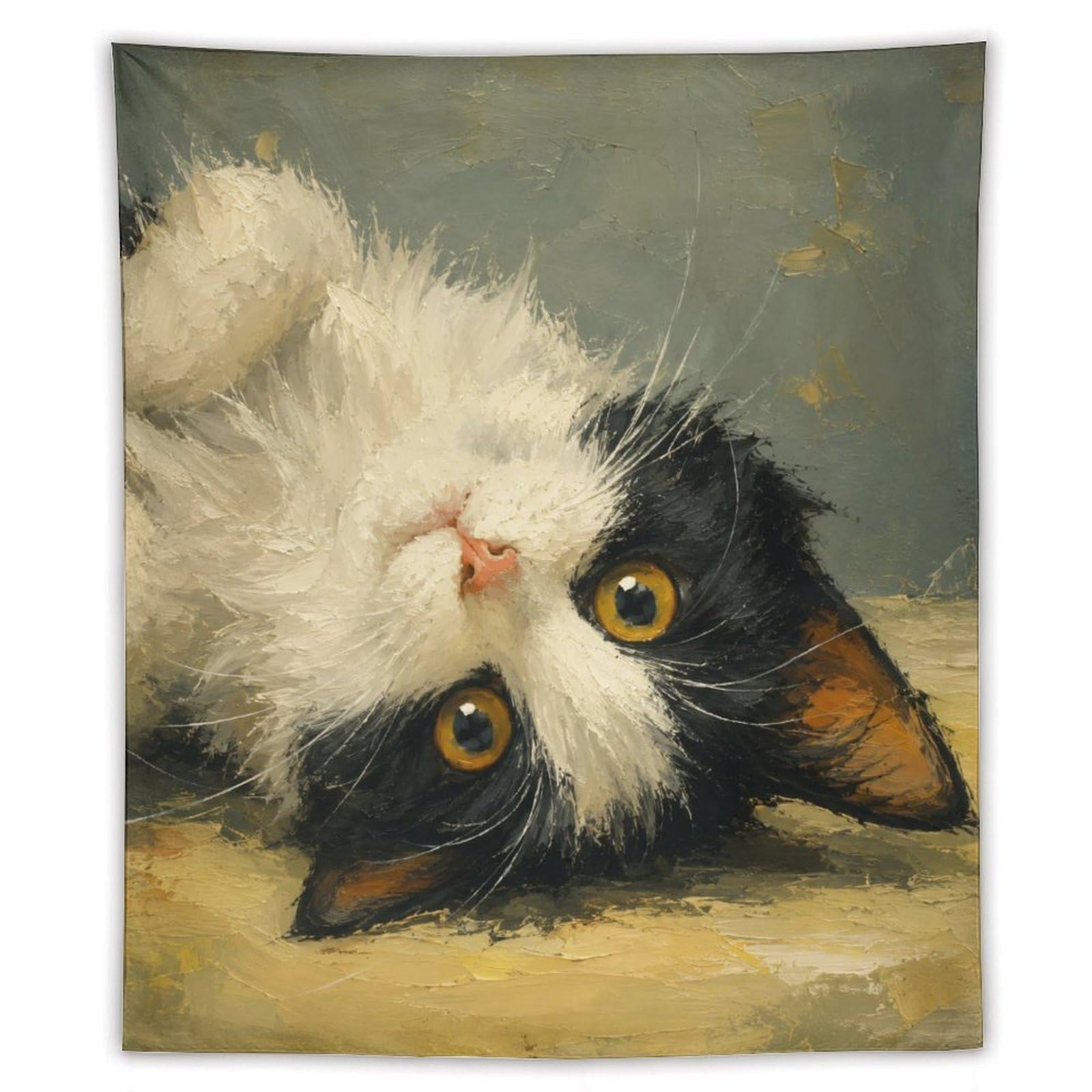 W7C8U2X3 Playful Tuxedo Cat Portrait Wall Tapestry, Expressive Eyes