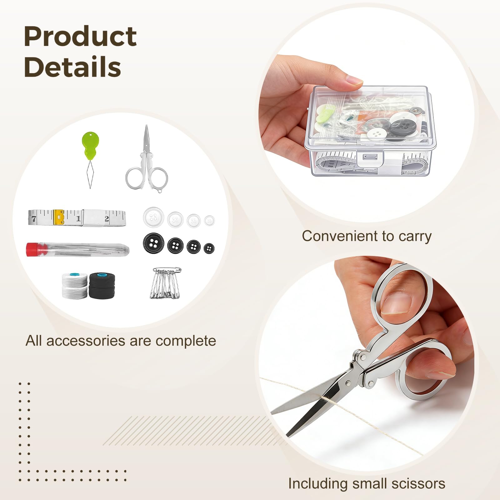 Mini kit da cucito portatile, 20 pezzi, set di emergenza da viaggio, accessori completi in custodia trasparente, con forbici, infila, metro a nastro, filo bianco e nero