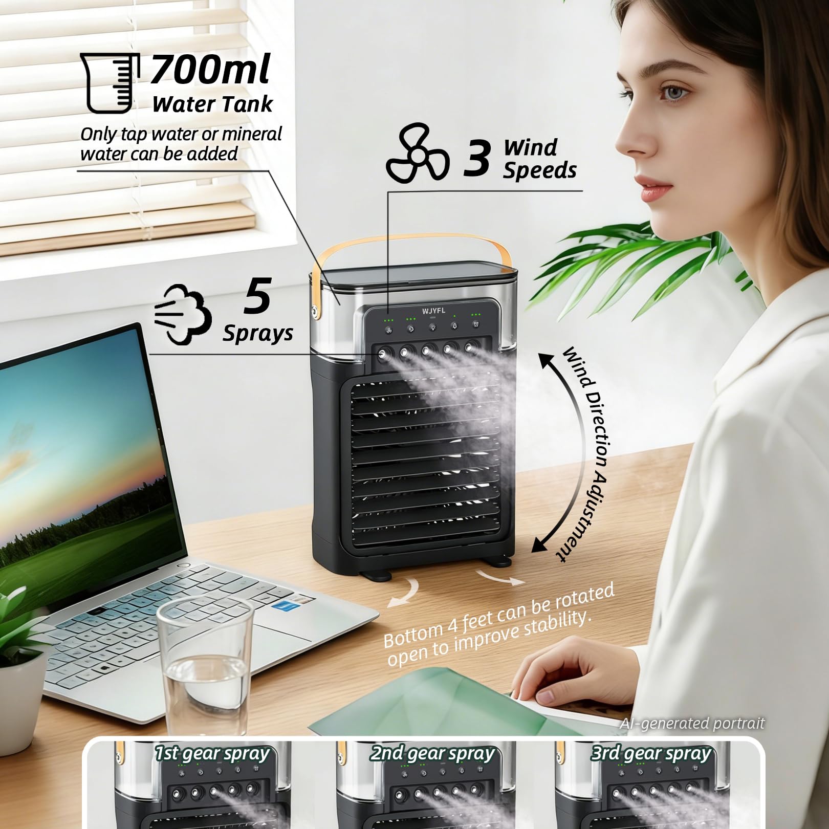 Rafraîchisseur d'Air Personnel 700 ml, 5 Buses, Télécommande, 38 dB