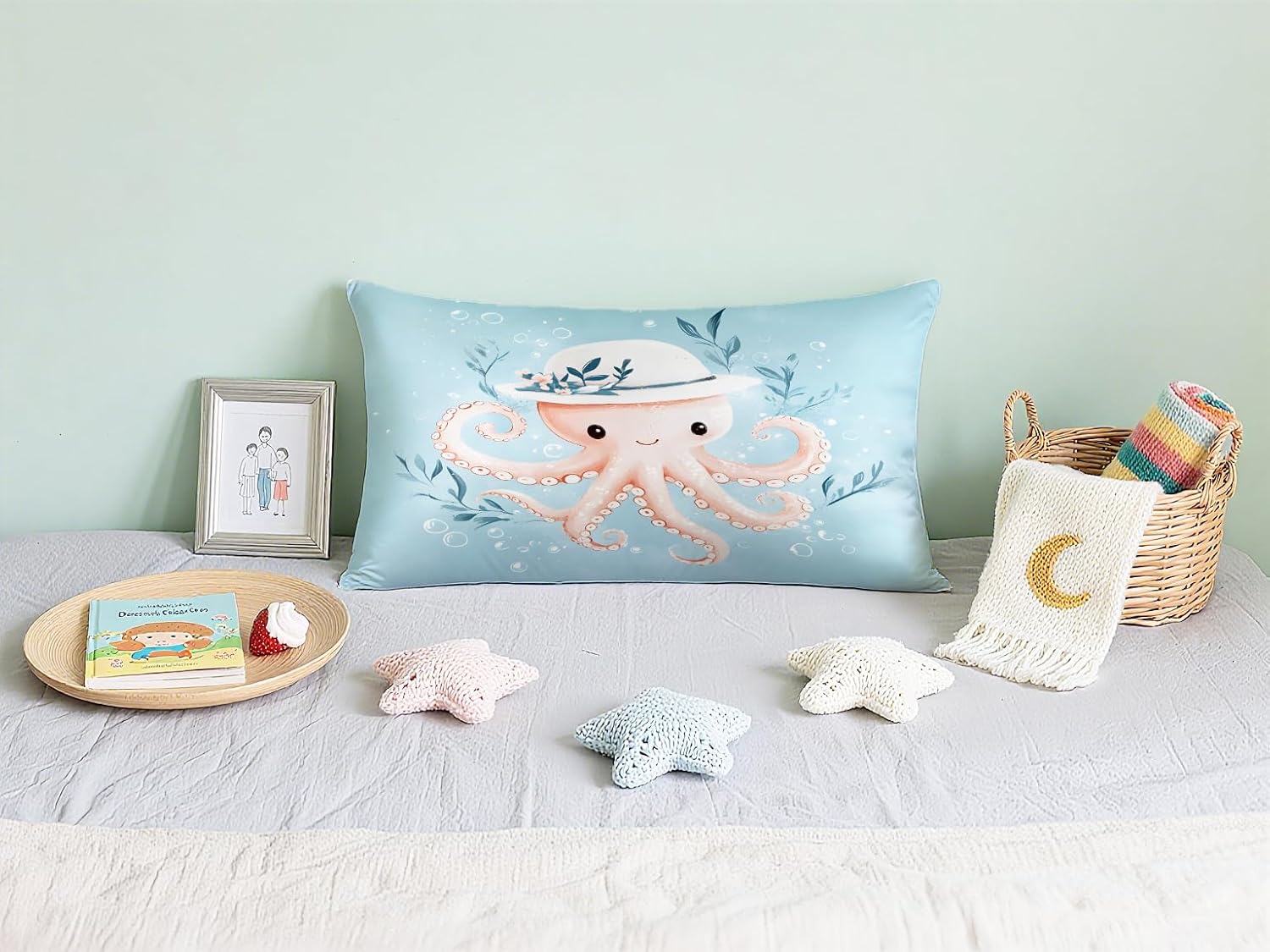 Cute Octopus Bed Pillowcase 20x26Inch Decorative Bed Pillow Cover Double-Sided Print Beach Ocean Sleep Pillow Cushion Cover for Spring Summer Kids Room Bed