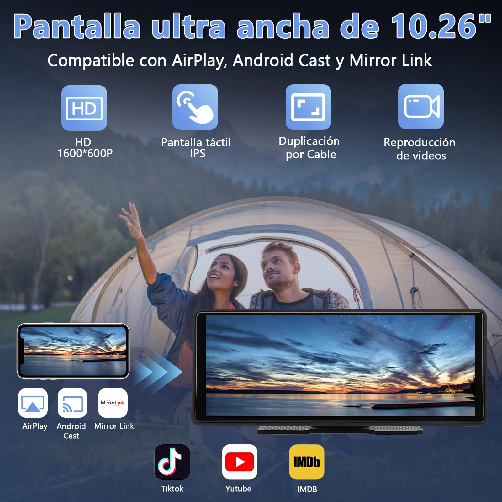 Pantalla Táctil Coche 10.26 Pulgadas, Navegación GPS, Estéreo para Automóvil Compatible con CarPlay, Android Auto, Bluetooth, Control por Voz, GPS, AUX y FM