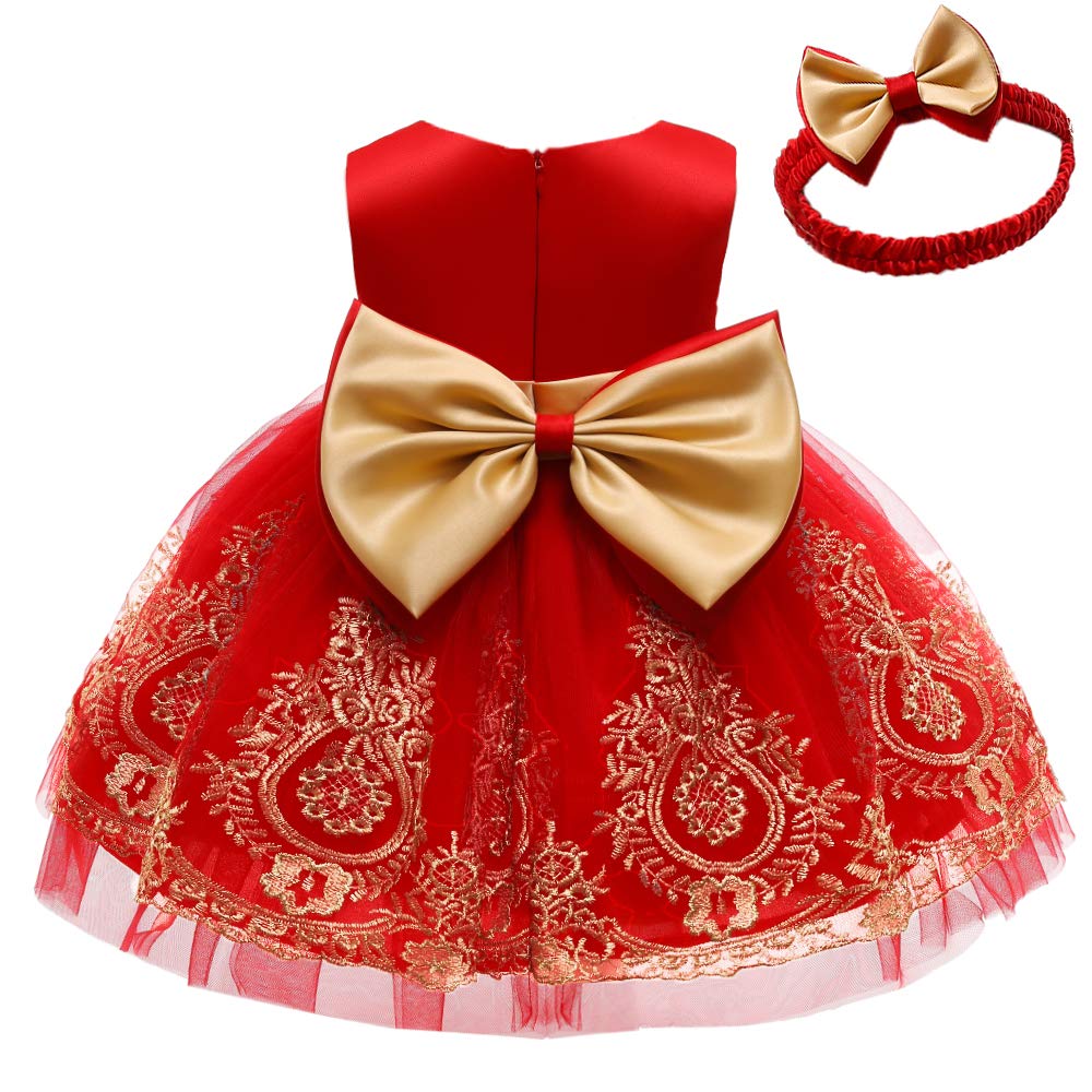 CMMCHAAH 0-6T Baby Girls Pageant Lace Embroidery Dresses Toddler Party Bowknot Tutu Gown Dress with Headwear