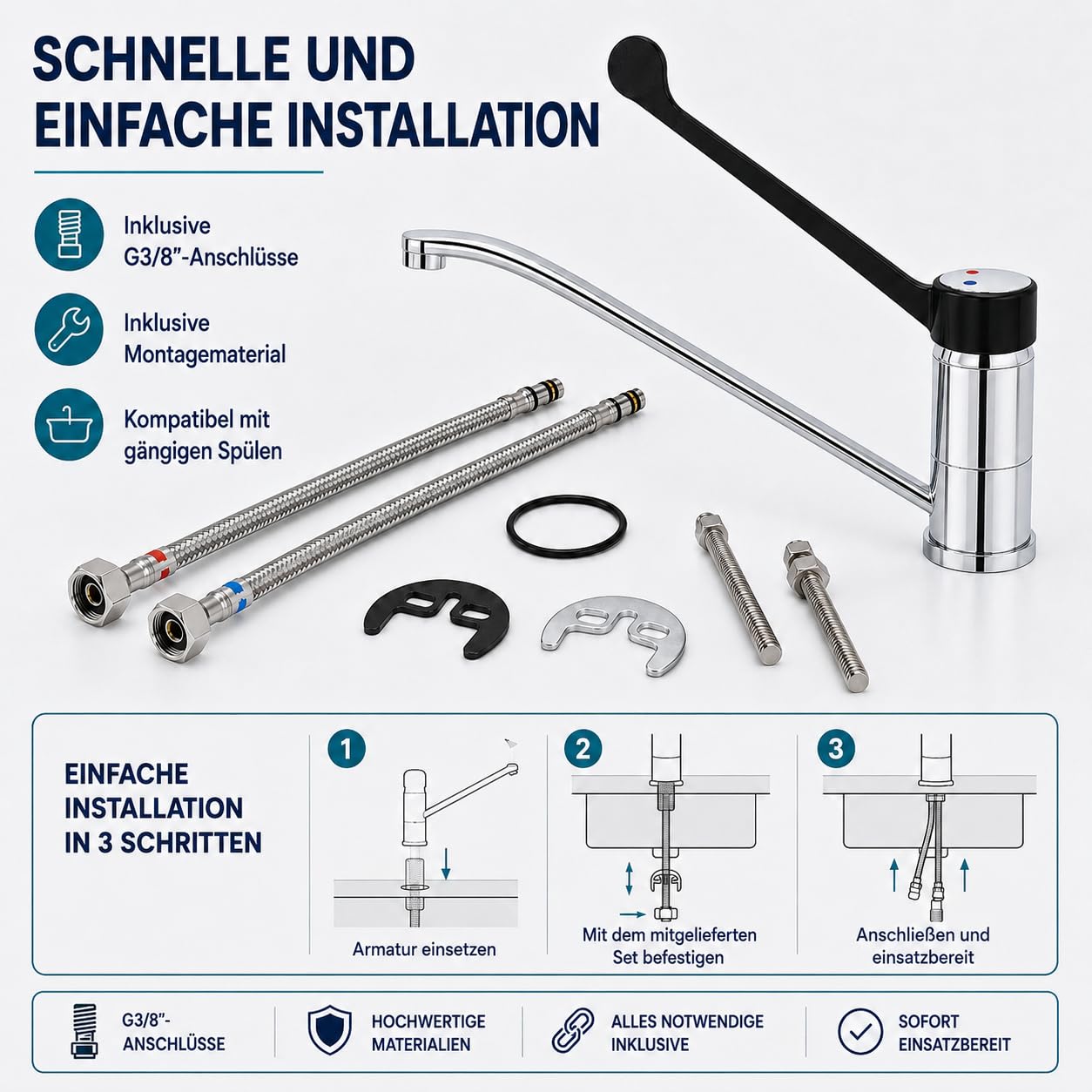 GOLDMAN SERVICE | Gerontologischer Einhebelmischer, langer Hebel 30 cm, 360° Auslauf, sanitäre und hygienische Kran für Krankenhäuser, Kliniken, Labors und professionelle Küche