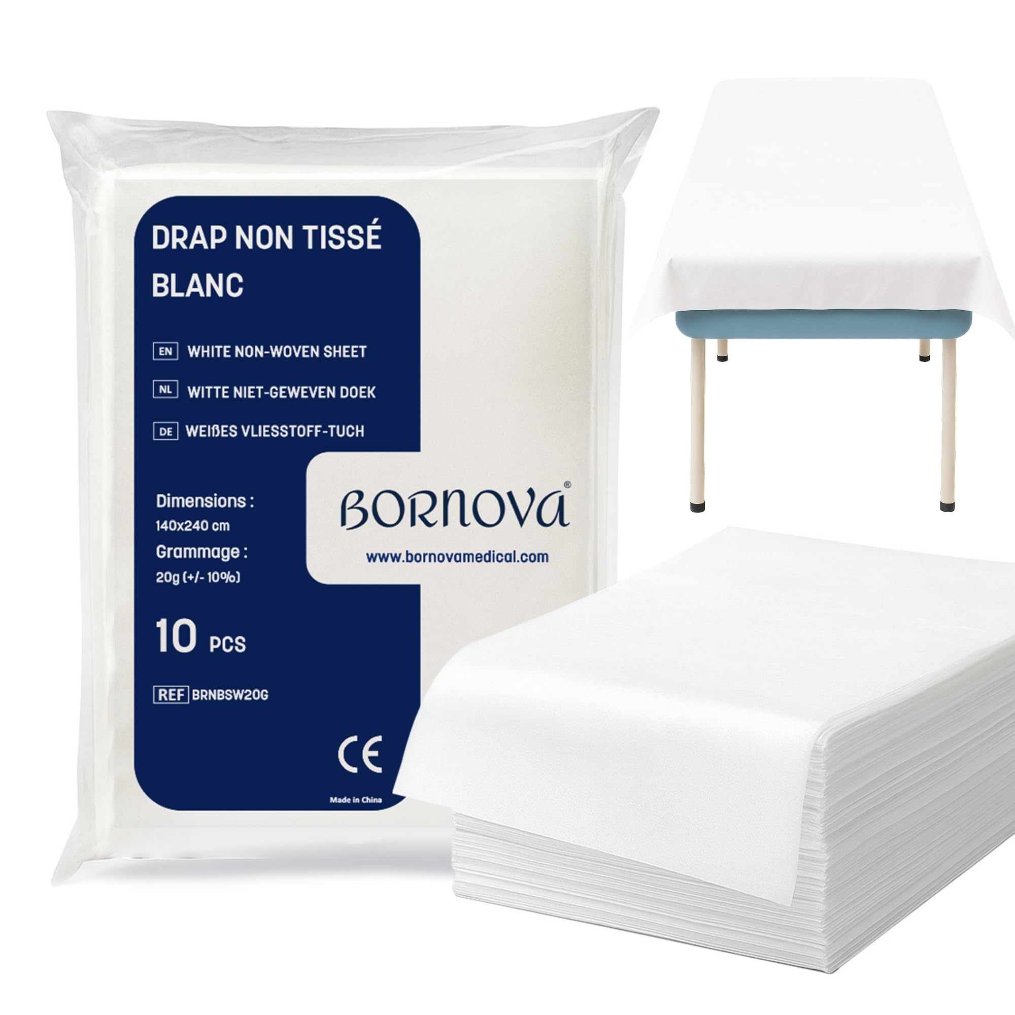 BORNOVA - Lot de 10 draps jetables 140x240 cm – Draps d'examen médicaux non-tissés – Draps médicaux d'examen usage unique – Drap table de massage, housse table massage