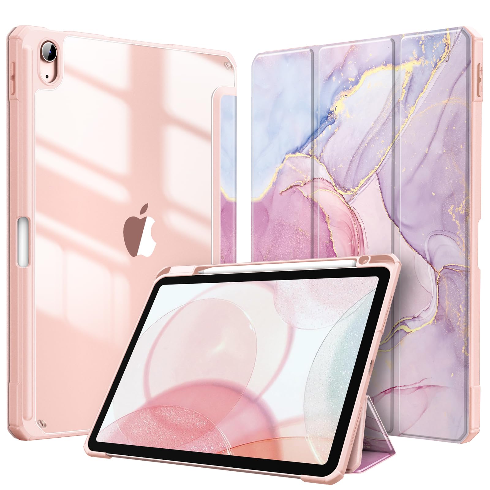 FINTIE Hybrid Case for iPad Air 11 Inch M3 (2025) / M2 (2024), iPad Air 5th / 4th Generation (2022/2020) - Shockproof Slim Clear Back Cover with Pencil Holder, Auto Wake/Sleep, Glittering Marble