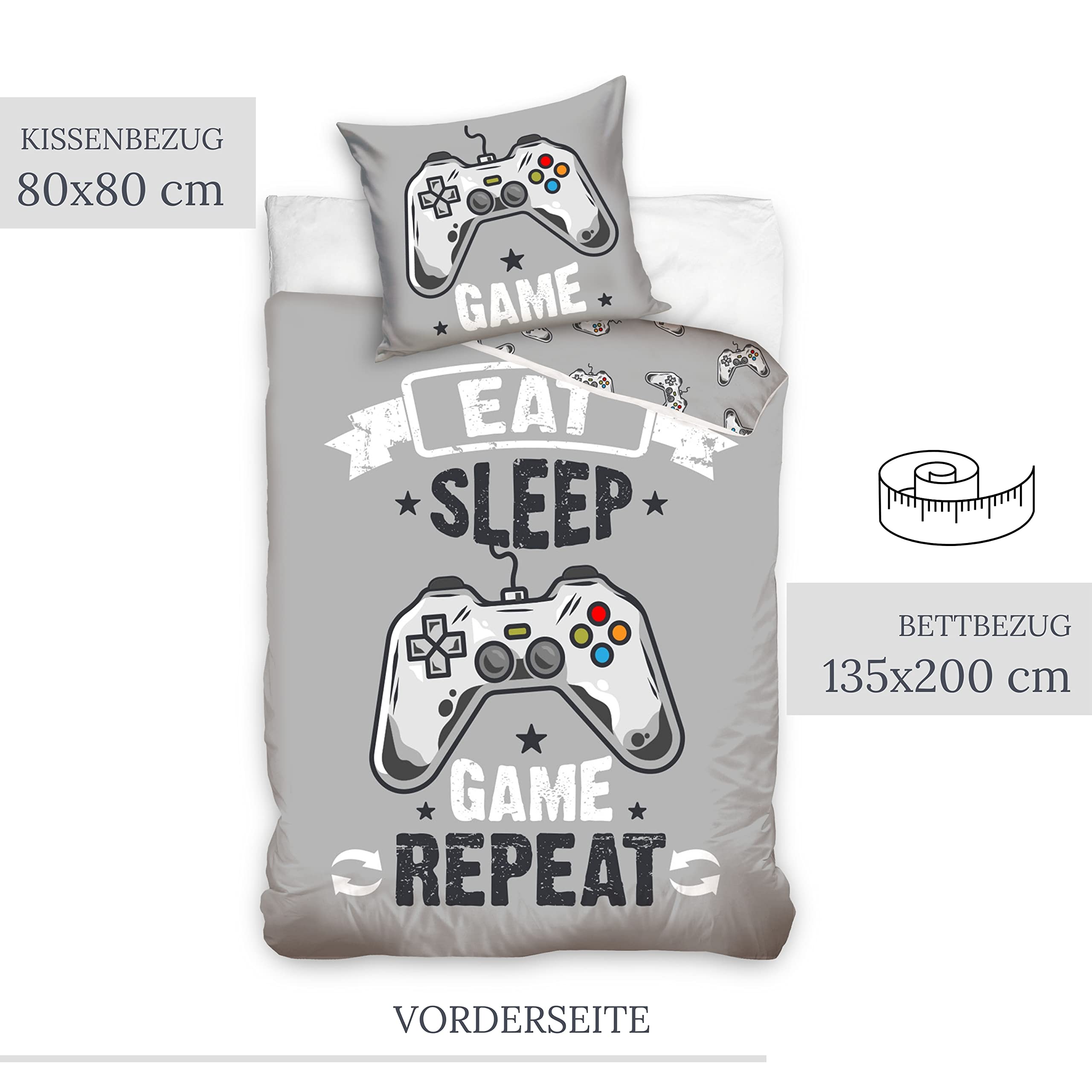 Gaming Bettwäsche-Set Kinderbettwäsche Teenagerbettwäsche Jungen in grau, Kissenbezug 80x80 + Bettbezug 135x200, Gamer-Bettwäsche Eat Game Sleep Repeat