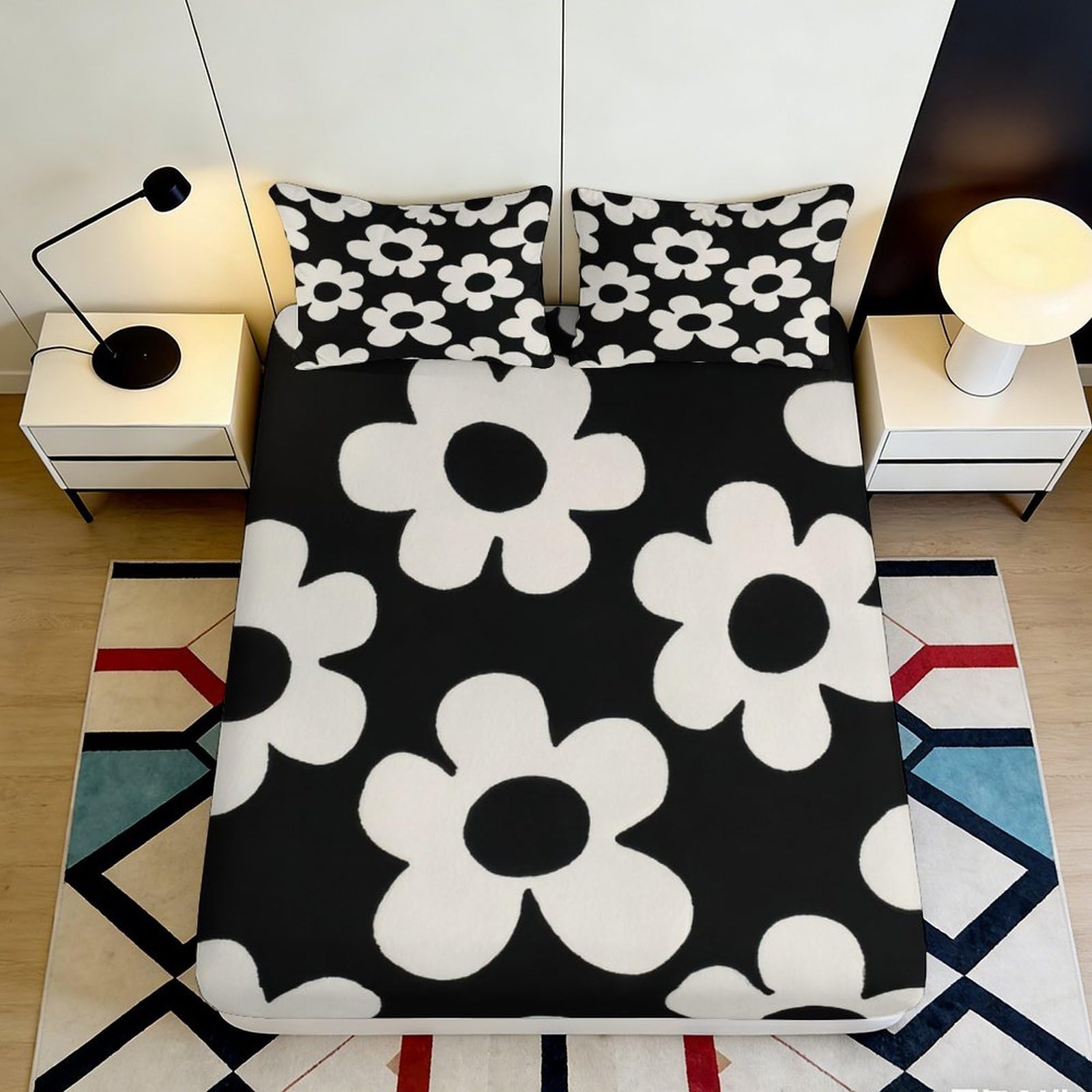 3D Printed Black White Daisy Fitted Sheet Microfiber Soft Floral Bed Sheet for Bedroom Dorm Mattress Decor 90x200x25cm