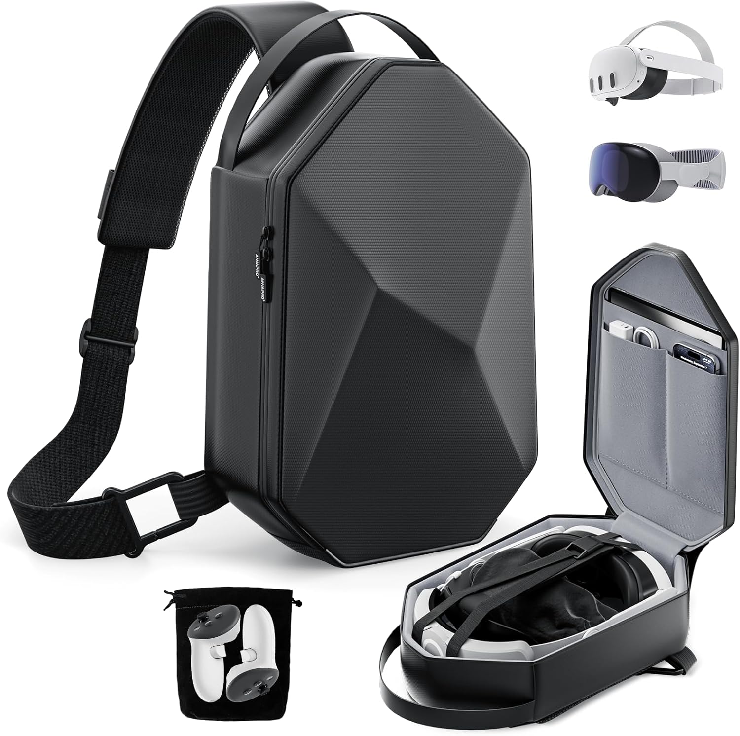 annapro Carrying Case pour Meta Quest 3Quest 2Vision ProPico 4, Hard Travel Case Compatible avec Kiwi DesignBOBOVR Elite Battery Strap and Controllers Accessoires, Crossbody Shoulder Backpack