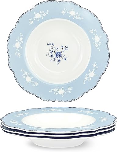 fanquare Juego de 4 cuencos de sopa de porcelana de 9 pulgadas, juego de platos grandes de encaje para ensalada, pasta, ramen, postre