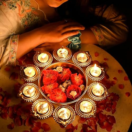 Miniatura 6 de TIED RIBBONS Urlis para decoración india  Hierro, 11.5 pulgadas  Juego de 2  Diya Shape Flower Decorative Urli Bowl para Diwali  Cuenco Urli con