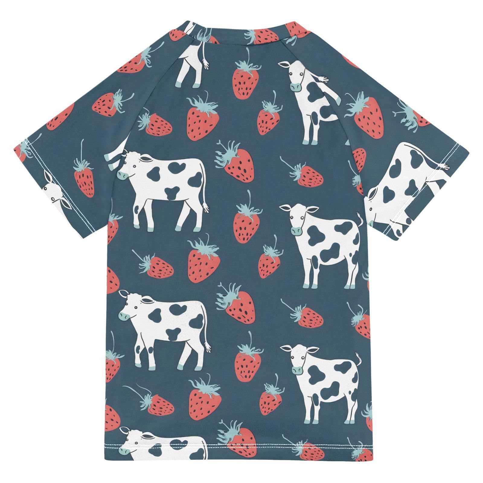 ALAZA Kids Rash Guard Toddler Swim Shirt Boy Girls Cow Strawberries UPF 50+ Short Sleeve 4T