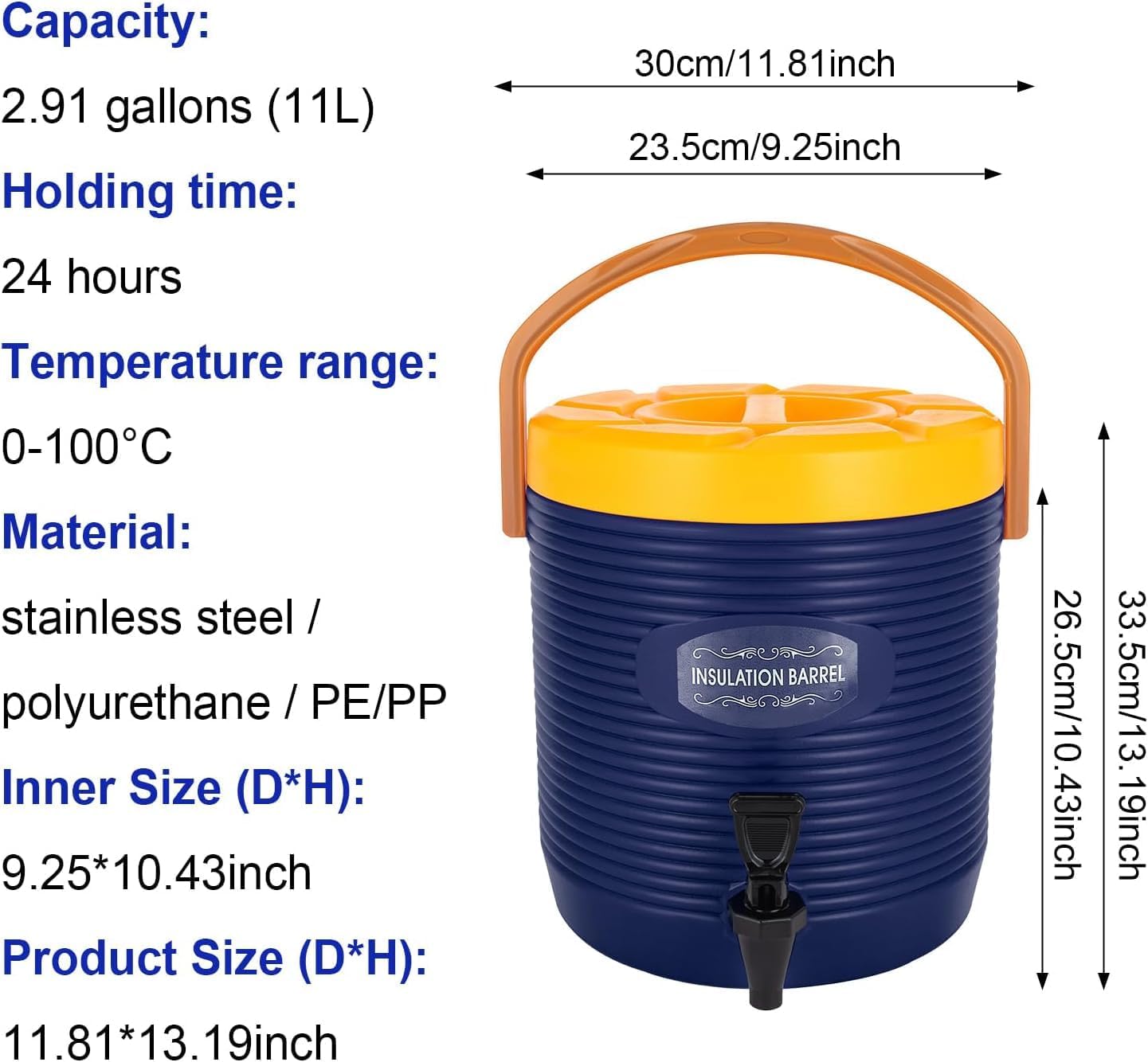 Stainless Steel Insulated Container with Faucet, 3Gal Insulated Food Cooler Carrier, Insulated Beverage Dispenser, 13x12in Insulation Drinking Warmer Dispenser (Blue)