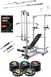ABS Tower with 20 in 1 Gym Bench TriGrip Rubber Weight Plates Curl Rod Straight Rod Dumbbell Set with Workout Planner Home... Price In India