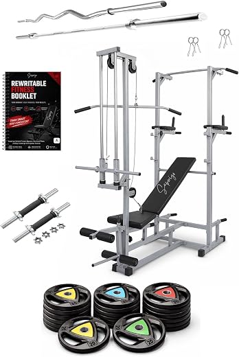 ABS Tower with 20 in 1 Gym Bench TriGrip Rubber Weight Plates Curl Rod Straight Rod Dumbbell Set with Workout Planner Home...