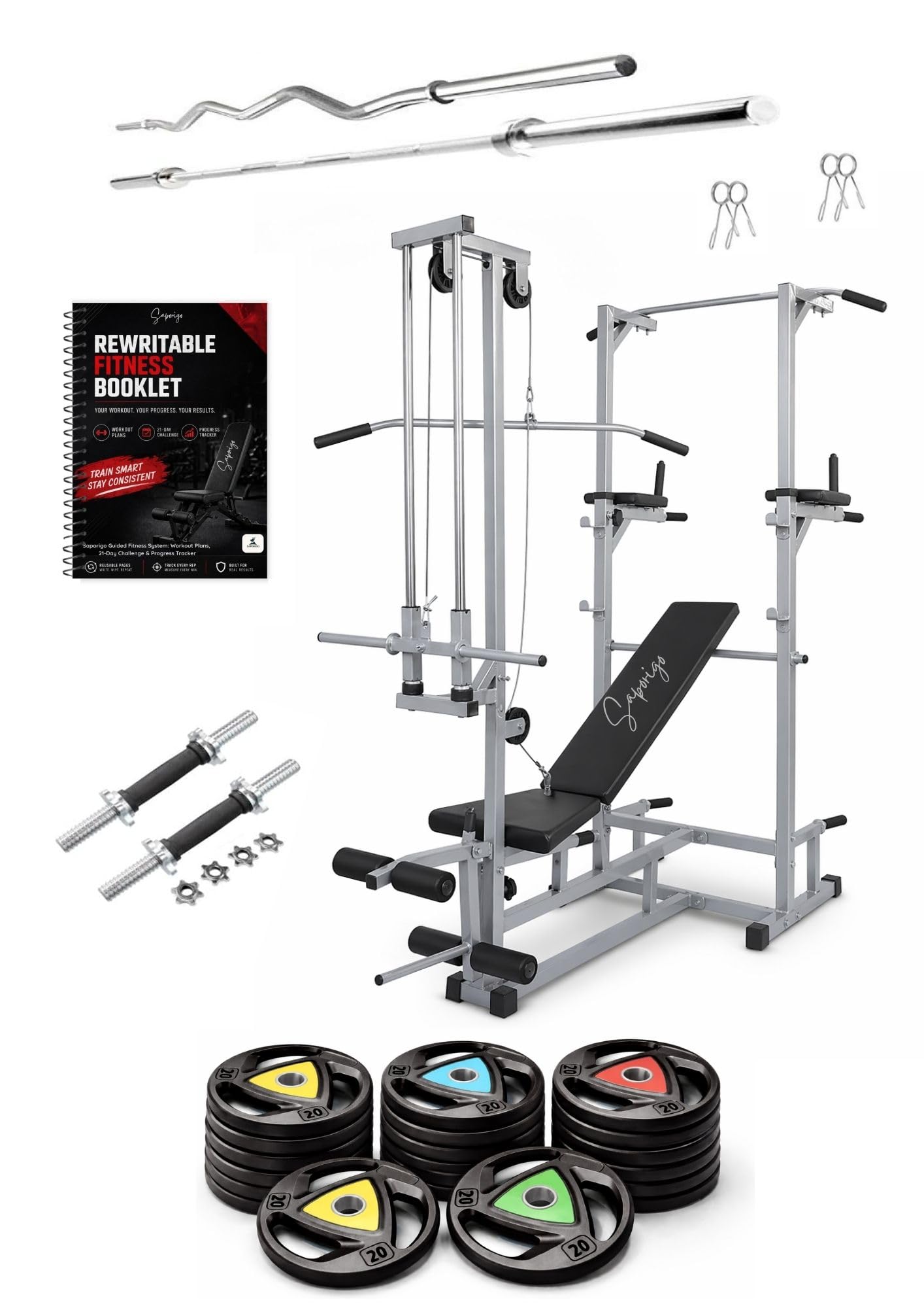 ABS Tower with 20 in 1 Gym Bench TriGrip Rubber Weight Plates Curl Rod Straight Rod Dumbbell Set with Workout Planner Home Gym Equipment (Weight 40 KG)-image-39