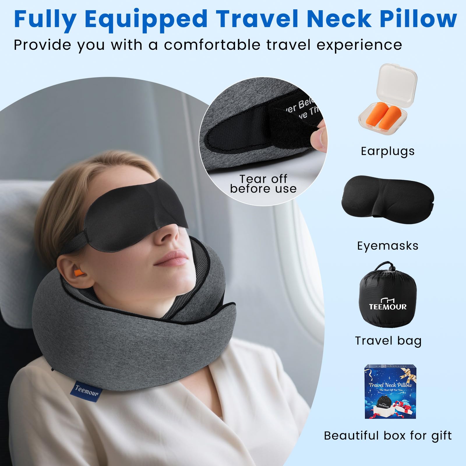 Reise-Nackenkissen für Flugzeuge, Memory-Schaum-Reisekissen mit verstellbarem Klettverschluss, komplettes Set enthält 3D-Augenmaske, Ohrstöpsel und Luxus-Tasche, tragbares Geschenk für Reiseutensilien