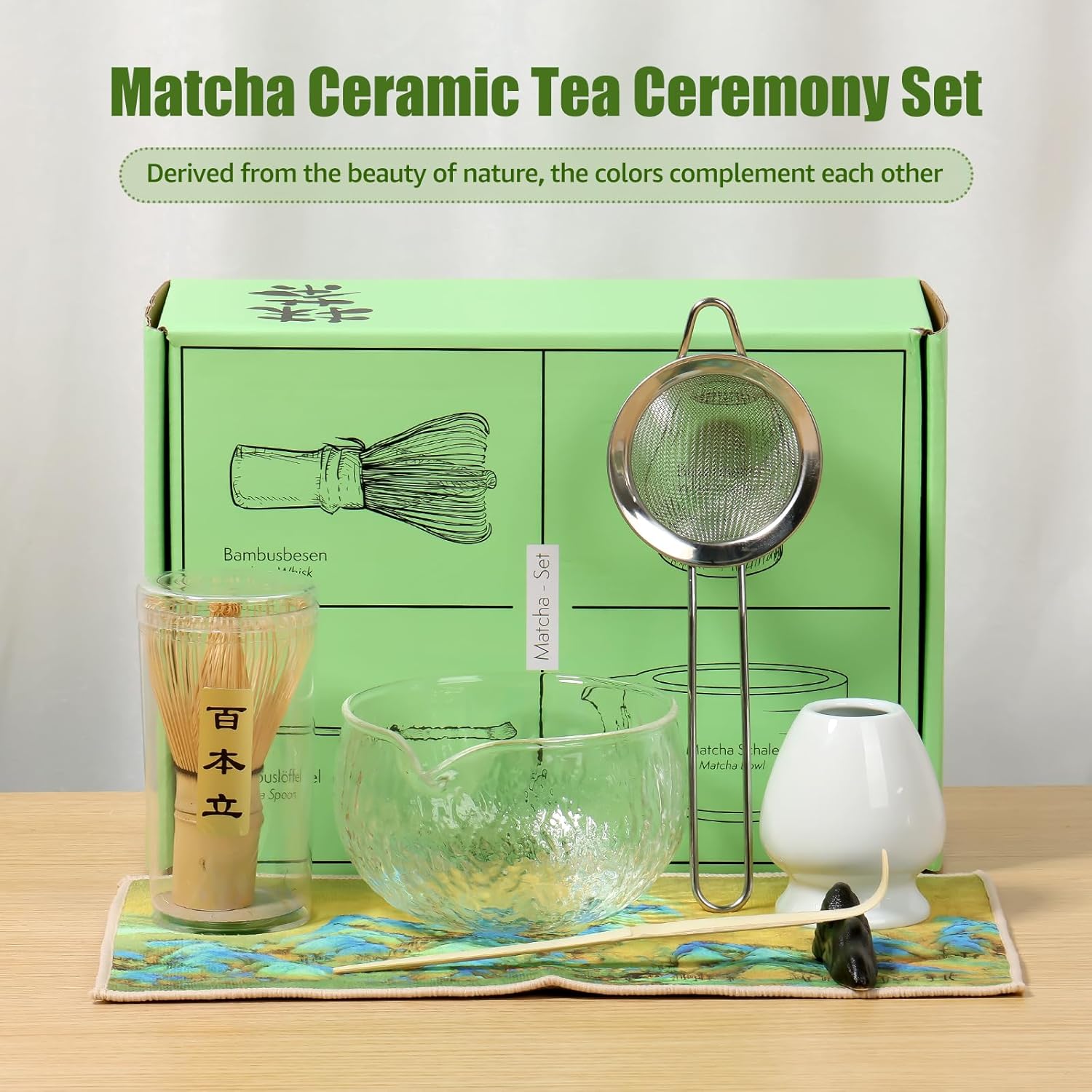 7Pcs Glass Handmade Matcha Whisk Set for Home Temperature Resistant Matcha Bowl Scoop Set Fashionable Easy to Clean Japanese Tea Kit for Tea Lover